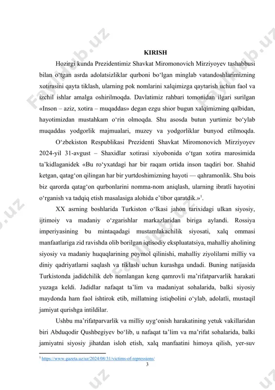 n va sovet hukumatiga yo‘llangan talabnomalarda dehqonlar, hunarmandlar, ayollar, kichik savdogarlar manfaatlarini himoya qilish, ularga adolatli munosabat ko‘rsatish, mulkiy huquqlarni tiklash, milliy sud tizimini qayta joriy etish kabi g‘oyalar mujassam. bu takliflar o‘sha davrdagi davlat siyosatiga zid chiqish emas, balki uni adolatli yo‘lga solishga qaratilgan tub islohotlar loyihasi bo‘lib xizmat qilganini ko‘rsatadi. afsuski, abduqodir qushbegiyev ham 1937–1938-yillarda amalga oshirilgan ommaviy siyosiy qatag‘onlar — "katta terror" qurbonlaridan biriga aylandi. sovet hukumati uni "millatchi", "burjuaziya vakili", "sinfiy dushmani" degan soxta ayblovlar bilan hibsga olib, siyosiy hayotdan butunlay chetlatdi. uning shaxsiyati, tarixda tutgan o‘rni va boy ma’naviy merosi bugungi mustaqil o‘zbekiston tarixshunosligida yanada chuqurroq o‘rganilishi va tiklanishi lozim bo‘lgan muhim mavzulardandir. [1: https://www.gazeta.uz/uz/2024/08/31/victims-of-repressions/] tadqiqotning dolzarbligi. xx asr boshlarida turkiston hududida ro‘y bergan siyosiy va ijtimoiy jarayonlar mintaqa tarixida muhim burilish nuqtasini tashkil qiladi. bu jarayonlarda faol ishtirok etgan milliy ziyolilar, xususan, abduqodir qushbegiyev singari jadidlar faoliyatini o‘rganish bugungi kunda dolzarb ilmiy muammolardan biri …