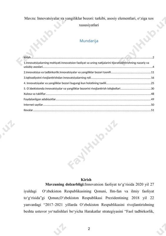 mini takomillashtirish va tadbirkorlikni rivojlantirishga doir qo‘shimcha chora-tadbirlar to‘g‘risida» 2020 yil 13 oktabrdagi pq-4862-son qarorlari, “o‘zbekiston respublikasi iqtisodiy taraqqiyot va kambag‘allikni qisqartirish vazirligi huzuridagi tadbirkorlikni rivojlantirish agentligi faoliyatini samarali tashkil etish to‘g‘risida ” 2021 yil 17 fevraldagi o‘zbekiston respublikasi vazirlar mahkamasining qarori kabi myoriy hujjatlar shular jumlasidandir. ushbu hujjatlarni qabul qilishdan maqsad tadbirkorlik faoliyatini rivojlantirish, yangi tadbirkorlarni vujudga keltirish va rivojlantirish uchun qulay shart-sharoitlar yaratish, innovatsion tizimning salohiyati va samaradorligini oshirishga ko‘maklashish, innovatsiyalar uchun qulay bo‘lgan normativhuquqiy, moliyaviy va axborot muhitini yaratishdan iborat. shuningdek, sanoatda raqobatbardoshlik va mahsuldorlikni oshirish, yuqori texnologiyali mahsulotlar ulushini oshirishni rag'batlantirish, ishlab chiqarishni ko'paytirish va ishlab chiqarish va eksport tarkibida ulushni oshirish, innovatsion texnologiyalar va ilg'or boshqaruvni qo'llashni kengaytirishdir. bugun rivojlanishning innovatsion modellari va “aqlli” texnologiyalar amalga oshirilayotgan mamlakatlar eng muvaffaqiyatli va barqaror hisoblanadi. bunday mamlakatlarning barqaror taraqqiyoti, ularning jahon bozorlarida raqobatbardoshligi tabiiy resurslarni eksport qilish va jismoniy mehnatdan foydalanishga emas, balki innovatsion g‘oyalar va ishlanmalarga …