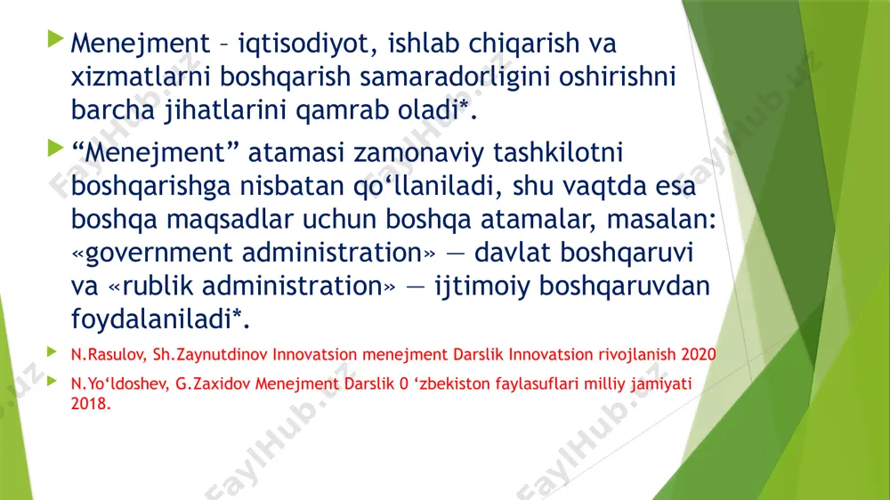 rxona boshqaruvi) korxona ishlarini tashkil etish hozirgi vaqt boshqaruvi (korxonada) korxona tizimi (strukturasi)ni yaratish boshqaruv tizimini yaratish strategik boshqaruv operativ-taktik boshqaruv menejment va tashkil qilishning o'zaro hamkorlikning butun turli-tumanligida faoliyatning menejment mazmunini tashkil qiluvchi chegaralarini yetarlicha aniq belgilash, hamda uning asosiy turlarini ajratish mumkin. masalan, ishlab chiqarish menejmenti-bu ishlab chiqarilayotgan tovarning aniq bozordagi raqobatbardoshligini ta'minlashning majmuaviy tizimidir. u o'z ichiga ishlab chiqarish va tashkiliy tuzilmalarni qurish, ishlab chiqarishni boshqarishning tashkiliy-huquqiy shakllarini tanlash, hayot tajribasining oldingi bosqichlariga muvofiq tovarlarni sotish va firma xizmatini ko'rsatish masalalarini oladi. moliyaviy menejment-bu moliyalarni boshqarishning barqarorligi, ishonchliligi va samaradorligini ta'minlashning majmuaviy tizimidir. u o'z ichiga moliyaviy ko'rsatkichlarni menejmentga ilmiy yondashuvlar va tamoyillar, daro- madlar va xarajatlar balansi, resurslardan foydalanishning samaradorligi ko'rsat- kichlari, ishlar va tovarlar rentabelligiga rioya qilish bilan shakllantirish va rejalashtirishni oladi. innovatsion menejment - bu mulk egasi tomonidan innovatsiyalarning barcha turlarini rivojlantirishga kiritiladigan investitsiyalarni boshqarishning majmuaviy usuli. u o'z ichiga tashkiliy tuzilmalarni qurish, innovatsiyalarning …