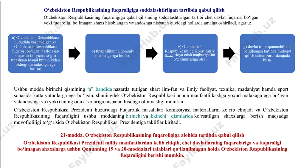 yicha olish bola o‘zining tug‘ilgan joyidan qat’i nazar, agar tug‘ilgan paytida: ushbu modda birinchi qismining “v” bandida nazarda tutilgan holda bolaning o‘zbekiston respublikasi fuqaroligini olishi faqat o‘zbekiston respublikasi fuqarosi bo‘lgan ota-onasining yoxud boshqa qonuniy vakillarining iltimosnomasiga binoan amalga oshiriladi. o‘zbekiston respublikasi hududida tug‘ilgan, ota-onasi (yolg‘iz otasi yoki onasi) fuqaroligi bo‘lmagan shaxslar bo‘lgan bola tug‘ilganlik bo‘yicha o‘zbekiston respublikasi fuqaroligini oladi. o‘zbekiston respublikasi hududida turgan, ota-onasi noma’lum bo‘lgan bola o‘zbekiston respublikasi fuqarosidir. otasi yoxud onasi o‘zbekiston respublikasining fuqarosi bo‘lgan bolaga otalik yoxud onalik belgilangan yoki tan olingan taqdirda, bola, tug‘ilgan joyidan qat’i nazar, o‘zbekiston respublikasining fuqaroligini oladi. 4 a) ota-onasi (yolg‘iz otasi yoki onasi) o‘zbekiston respublikasi fuqarolari bo‘lsa; b) uning ota-onasidan biri o‘zbekiston respublikasi fuqarosi, boshqasi esa fuqaroligi bo‘lmagan shaxs bo‘lsa yoki bedarak yo‘qolgan deb topilgan yoxud uning turgan joyi noma’lum bo‘lsa; v) uning ota-onasidan biri o‘zbekiston respublikasi fuqarosi, boshqasi esa chet davlat fuqarosi bo‘lsa, tug‘ilganlik bo‘yicha o‘zbekiston respublikasi fuqaroligini oladi. o'zbekiston …