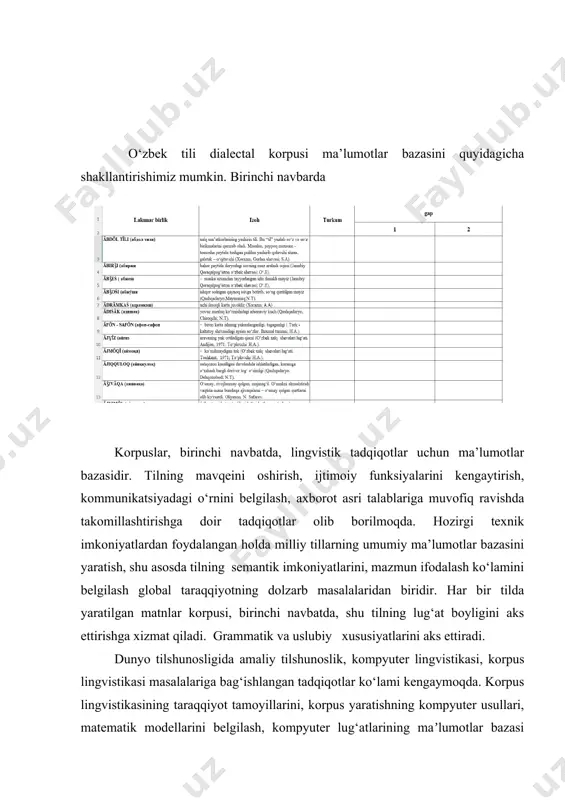 tilning mavqeini oshirish, ijtimoiy funksiyalarini kengaytirish, kommunikatsiyadagi o‘rnini belgilash, axborot asri talablariga muvofiq ravishda takomillashtirishga doir tadqiqotlar olib borilmoqda. hozirgi texnik imkoniyatlardan foydalangan holda milliy tillarning umumiy ma’lumotlar bazasini yaratish, shu asosda tilning semantik imkoniyatlarini, mazmun ifodalash ko‘lamini belgilash global taraqqiyotning dolzarb masalalaridan biridir. har bir tilda yaratilgan matnlar korpusi, birinchi navbatda, shu tilning lug‘at boyligini aks ettirishga xizmat qiladi. grammatik va uslubiy xususiyatlarini aks ettiradi. dunyo tilshunosligida amaliy tilshunoslik, kompyuter lingvistikasi, korpus lingvistikasi masalalariga bag‘ishlangan tadqiqotlar ko‘lami kengaymoqda. korpus lingvistikasining taraqqiyot tamoyillarini, korpus yaratishning kompyuter usullari, matematik modellarini belgilash, kompyuter lug‘atlarining maʼlumotlar bazasi sifatidagi ahamiyatini yoritish, tezauruslar, konkordanslarning lingvistik taʼminotini izohlash, korpus turlarini tahlil qilish, milliy til taraqqiyotidagi o‘rnini ko‘rsatish, ijtimoiy sohalar rivojidagi, taʼlim jarayonidagi samaradorligini aniqlash muhim ahamiyatga ega bo‘lmoqda[footnoteref:4]. [4: aziza opa] “rus xalq qo‘shiqlari konkordansi”, “rus folьklori tili lug‘ati, “sehrli ertaklar qahramonlari konkordansi” kabilar folьklor matni aks etgan yirik maʼlumotlar bazasi hisoblanadi[footnoteref:5]. [5: ] аmaliy nuqtai …