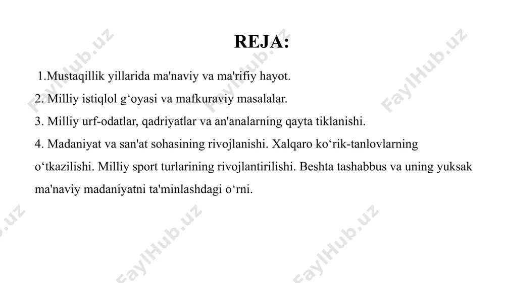 rning dam olish kunlari deb e’lon qilinishi ham aynan xalqimiz ko‘nglidagi ish bo‘ldi. mustaqillik sharofati bilan “islom nuri” haftanomasi, “hidoyat” jurnali dunyoga keldi, ko‘plab diniy-axloqiy adabiyotlar chop etila boshlandi. jumladan, imom buxoriyning to‘rt jilddan iborat, imom termiziyning bir jildli hadis kitoblari, boshqa allomalarning qator asarlari yuz minglab nusxalarda chop etildi. qur’oni karim sakkiz marta, jami bir million nusxada nashr etildi. bu muqaddas kitob yurtimizda ilk bor 1992-yil alouddin mansur tomonidan o‘zbek tiliga tarjima qilindi va uch marta, jami 300 ming nusxada bosmadan chiqarildi. e’tiboringiz uchun rahmat! image1.jpeg image2.jpeg /docprops/thumbnail.jpeg