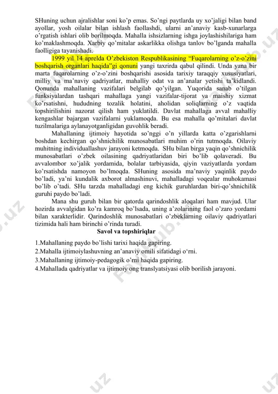 ir. ular har qanday odamga tanbeh berishlari mumkin, biroq bu ishni doimo ularning hurmatini saqlagan holda amalga oshiriladi. ota-onalarning bunday munosabatni qadrlashi taqsinga sazovor. shuning uchun “mahalla sening ham otang ham, onang” degan maqol mavjud. boshqa sohalarda namoyon bo’ladigan milliy tiklanish, xalqning milliy o’z-o’zini anglashni faollashtirish orqali bo’ladi. bu ayniqsa, hayotning an’anaviy turmush tarzini saqlab kelayotgan eski shahar mahallalarida yashovchilar orasida yaqqol namoyon bo’lgan. mahalla fuqarolarining yuqori savodxonlik va madaniy darajasi (yosh va o’rta avlod, o’rta yoki oliy ma’lumotga ega) badiiy ijodning keng rivojlanishi, hayotning marosimlar o’tkazishda ma’naviy o’z-o’zini ifodalashning keng imkoniyatlarini ko’zda tutadi. 4.mahallada qadriyatlar va ijtimoiy ong translyatsiyasi. etnik an’analar va marosimlarning tiklanishida avvalo, oiladagi katta avlod, shuningdek ommaviy axborot vositalari, ayniqsa televideniye katta o’rin tutadi. hozirgi kunda mahallaning ahamiyati oshib bormoqda. biroq yoshlar tarbiyasida muammolar kam emas. bozor iqtisodiyoti sharoitida yoshlarning axloqiy tarbiyasiga xalaqit beradigan bir qancha holatlar ham kelib chiqmoqda. yo shlarning yoshligidanoq savdo-sotiq qilishga va …