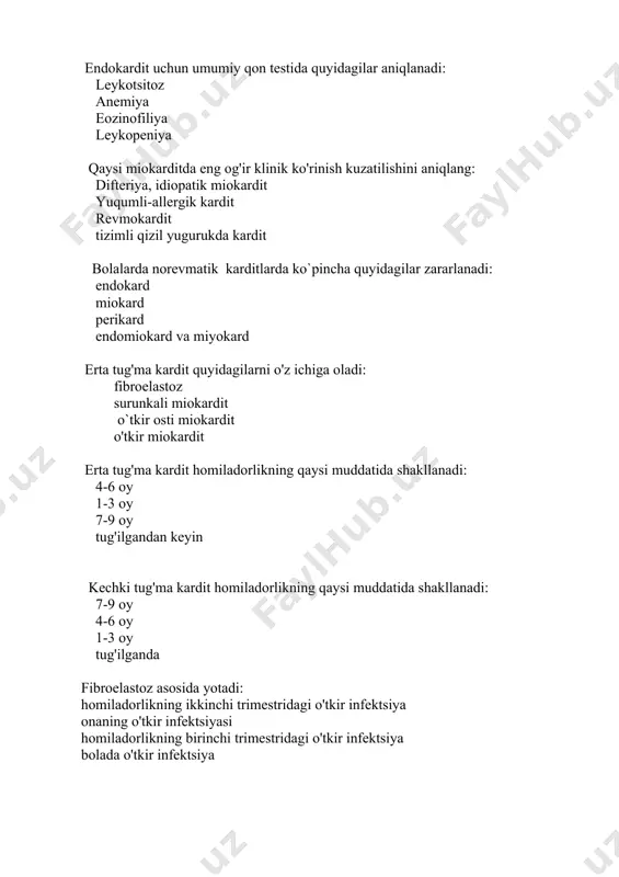 i: digoksin prednizolon indometasin aspirin fibroelastozni davolash quyidagilarni o'z ichiga oladi: simptomatik terapiya etiotrop dorilar patogenetik terapiya reabilitatsiya terapiyasi vositalari fibroelastoz uchun simptomatik terapiya qo`yidagilarni buyurushni talab qiladi: yurak glikozidlari antigipertenziv dorilar antiaritmik dorilar yallig'lanishga qarshi dorilar kech tug'ma kardit shakllanadi: 3 trimestrda ikkinchi trimestrda tug'ilganda neonatal davrda kech tug'ma kardit klinikasi quyidagilar bilan tavsiflanadi: o'rtacha kardiomegaliya sezilarli kardiomegaliya progressiv taxikardiya turg`un bradikardiya kechki tug'ma kardit klinikasiga xos: bir nechta ritm buzilishlari sezilarli kardiomegaliya progressiv taxikardiya turg`un bradikardiya kech tug'ma kardit klinikasi uchun xos emas: sezilarli kardiomegaliya taxikardiya yurak tovushlarining zaiflashishi funktsional sistolik shovqin kech tug'ma karditning asosiy asoratlari qorincha ekstrasistoliyasi o'pka etishmovchiligi erta yoshda o'lim yurak etishmovchiligi kechki tug'ma kardit oqibati ijobiy 1 oylikgacha o'lim 1 yoshdan keyin o'lim salbiy erta yoshdagi bolalarda o'tkir norevmatik kardit quyidagi sabablarga ko'ra yuzaga keladi: viruslar bakteriyalar toksinlar allergenlar o'tkir norevmatik kardit uchun xos emas: qon bosimining oshishi kardiomegaliya limfositoz sistolik shovqin o'tkir …