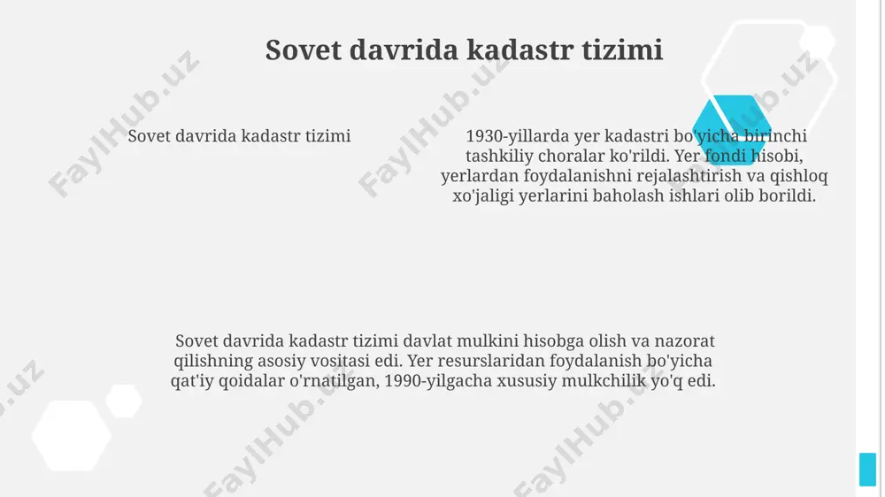 ning "geodeziya va kartografiya toʻgʻrisida"gi qonuni (2002-yil) sohani tartibga solishning asosiy hujjati bo'lib, yer kadastrini yuritish tamoyillarini belgilab beradi va 4 ta bobdan iborat. vazirlar mahkamasining 541-sonli qarori (2014-yil) davlat yer kadastrini yuritish tartibini tasdiqlaydi. ushbu qaror kadastr ma'lumotlarini yangilash va ro'yxatga olishning 10 dan ortiq bosqichini belgilaydi. kadastr sohasidagi qonunchilik va me'yoriy hujjatlar e'tiboringiz uchun rahmat @taqdimot_robot