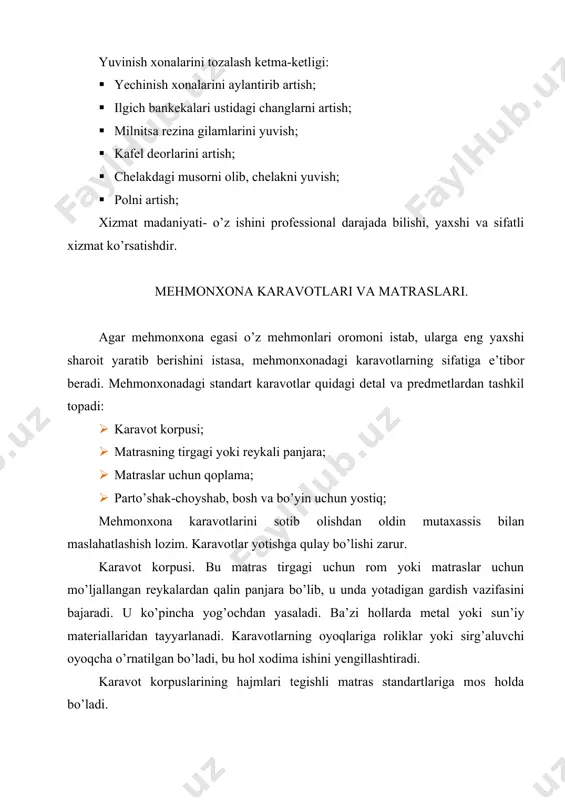 i almashtirish mumkin. karavotning o’rta qismida prujina plankasini sekin-asta boshqarish orqali alohida o’zgartirish imkoni bor. faqat bunday holatda tegishli mehmonning tana tuzilishi va og’irligiga matrasni individual va optimal to’g’rilashga imkon beradi. reykalardan yasalgan yaxshi panjaralar tovush (shovqin) chiqarmaydi. matraslar. matraslar muskullar va tana a’zolarini bo’shashtirishi, shuningdek, umurtqa va umurtqa tog’aylarining ishini yengillatishi lozim. shu bois, matraslar uzoq vaqt egiluvchan bo’lishi lozim, ular haddan tashqari qattiq yoki yumshoq bo’lmasligi lozim, matraslar xavo o’tkazib turishi kerak. matraslar havo haroratini normal holatda ushlab turishi lozim. yaxshi matraslarda paxta, qo’y juni, tuya sochi yoki kakos tolasi kabi havo o’tkazadigan tortilgan materiallar bo’ladi. matraslarning turlari. matraslarning 4 xil turi mavjud: · penoplastik matraslar; · prujina plyonkali penoplastik matraslar; · prujinali matraslar; · qopchiqli prujinali matraslar; penoplastik matraslar. sintetik penoplast (murakkab poliefir) yoki tabiiiy labdor rezinka (loteks) dan tashkil topadi. ko’pgina havo kameralari va kichik havo kanallari matrasning havo o’tkazuvchanligini va egiluvchanligiga imkon yaratadi. penoplast o’z …