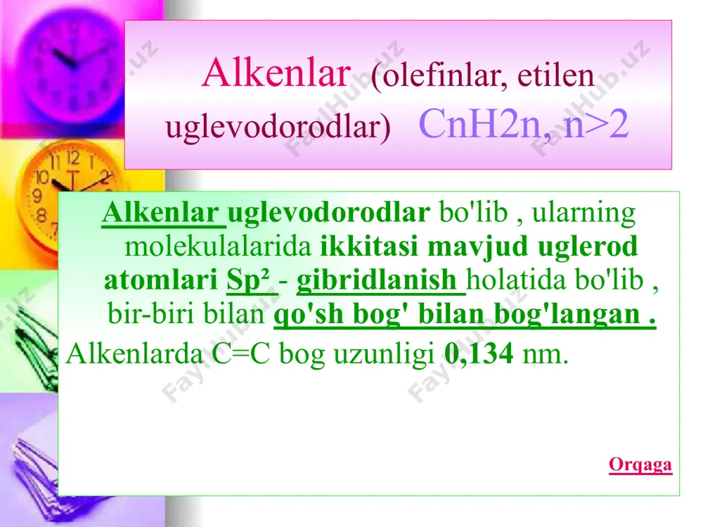 i misolida dienlarning izomeriyasi va nomenklaturasi orqaga sis-3-metilpentadien-1,3 trans-3-metilpentadien-1,3 22 kimyoviy xossalari 1 ) qo'shilish reaktsiyalari: a) galogenlanish ch 2 \u003d ch-ch \u003d ch 2 + br 2 (h 2 o) → ch 2 br-ch \u003d ch-ch 2 br + butadien-1,3 1,4-dibromobuten-2 + br 2 (h 2 0)→ch 2 br-chbr-chbr-ch 2 br 1,2,3,4 -tetrabromobutan brom suvi rangsiz bo'ladi . qo'shimcha 1 va 4 pozitsiyalariga o'tadi va 2 va 3 atomlar o'rtasida yangi qo'sh bog'lanish hosil bo'ladi. b) gidrogalogenlash ch 2 \u003d ch-ch \u003d ch 2 + h cl → ch 3- ch \u003d ch-ch 2 cl butadien-1,3 1-xlorobuten -2 c) gidrogenlash (+ h 2 ) ch 2 \u003d ch-ch \u003d ch 2 + h 2 → ch 3 -ch \u003d ch-ch 3 butadien -1,3 buten-2 2) polimerlanish ch 2 \u003d ch-ch \u003d ch 2 → (-ch 2- ch \u003d ch-ch 2 -) n polibutadien (butadien kauchuk ) orqaga 23 alkadienlarni …