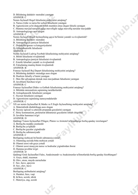 n d. agnostisizm oqimini rivojlantirgan answer: c nemis falsafasining asoschilaridan biri immanuil kant falsafasining mohiyatini aniqlang? a. borliq yo'qlik falsafasini yaratgan b. dialektika ta'limotini rivojlantirgan c. narsa o'zida va narsa biz uchun falsafasini yaratgan d. bilishning deduktiv metodini yaratgan answer: c nemis faylasufi hegel falsafasini mohiyatini aniqlang? a. narsa o'zida va narsa biz uchun falsafasini yaratgan b. agnosticizm ya'ni dunyoni bilish mumkin emas degan falsafa yaratgan c. hamma mavjud narsalar aqlga muvofiqdir aqlga muvofiq narsalar mavjuddir d. antropologiyaga asos slogan answer: c nemis faylasufi hegel faylasufining qaysi bo'limini yaratdi va rivojlantirdi? a. bilishning deduktiv metodini b. antropologiya-jamiyat falsafasini c. dialektika qonun va kategoriyalarini d. ahloqshunoslik falsafasini answer: c nemis faylasufi ludvig feyrbah falsafasining mohiyatini aniqlang? a. bilish falsafasini rivojlantirdi b. antropologiya-jamiyat falsafasini rivojlantirdi c. estetik falsafani yaratdi va rivojlantirdi d. falsafaning mantiq ilmini rivojlantirdi answer: b fransuz faylasufi rej depart falsafasining mohiyatini aniqlang? a. bilishning deduktiv metodiga asos slogan b. …