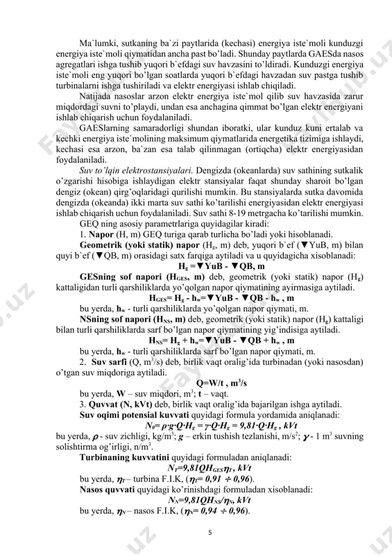 5 29 129 56 1,2 164 7 7 30 666 222 4,4 333 11 22 geq parametrlarini ehm da aniqlash dasturi program parametri_geu; uses crt; var yub,qb,hw,q,w,t1,h0,h_ges,h_ns,n0,n_t,n_n,n_ges,n_ns,kpd_t,kpd_n,kpd_gen,kpd_dv,t2,e_ges,e_ns:real; procedure list; begin clrscr; gotoxy(1,6); end; procedure stop; var ch:char; begin repeat delay(1000); ch:=readkey; if ch=#27 then halt; until ch<>#27; end; begin textbackground(3); textcolor(1); list;writeln; writeln('qiymatlarni kiriting'); write('yuqori bef sathi yub=');read(yub); write('quyi bef sathi qb=');read(qb); write('napor yoqolishi hw=');read(hw); write('turbina yoki nasosdan otayotgan suv miqdori w=');read(w); write('turbina yoki nasosdan suv otish vaqti t1=');read(t1); write('turbina fik (foydali ish koeffisenti)=');read(kpd_t); write('nasos fik=');read(kpd_n); write('generator fik=');read(kpd_gen); write('dvigatel fik=');read(kpd_dv); write('nasos stansiyasi yoki ges ishlagan vaqt t2=');read(t2);list; h0:=yub-qb; writeln('geometrik napor h0=',h0:5:2,' m');writeln; h_ges:=yub-qb-hw; writeln('ges napori h_ges=',h_ges:5:2,' m');writeln; h_ns:=yub-qb+hw; writeln('nasos stansiya napori h_ns=',h_ns:5:2,' m');writeln; q:=w/t1; writeln('suv sarfi q=',q:5:2,' kub.m/sek'); writeln; n0:=9.81*q*h_ges; writeln('suv oqimining potensial quvvati n0=',n0:8:2,' kvt');writeln; n_t:=9.81*q*h_ges*kpd_t; writeln('turbina quvvati n_t=',n_t:8:2,' kvt'); writeln; n_n:=(9.81*q*h_ns)/kpd_n; writeln('nasos quvvati n_n=',n_n:8:2,' kvt');writeln; n_ges:=9.81*q*h_ges*kpd_t*kpd_gen; writeln('ges quvvati n_ges=',n_ges:8:2,' kvt');writeln; n_ns:=(9.81*q*h_ns)/(kpd_n*kpd_dv); writeln('nasos stansiya quvvati n_ns=',n_ns:8:2,' kvt');writeln; e_ges:=n_ges*t2; writeln('ges',t2:6:2,' …