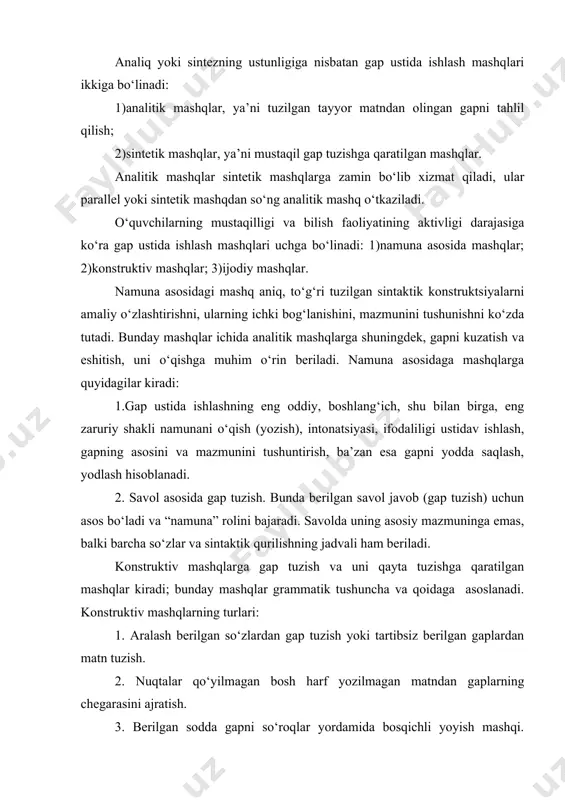 ni so‘roqlar yordamida bosqichli yoyish mashqi. masalan: qushlar uchib keldi. qayerdan uchib keldi? qushlar sovuq mamlakatlardan uchib keldi. 4. berilgan gapga o‘xshash, masalan, uyushiq egali yoki kesimli, sodda yoyiq gap tuzish. 5. ikki-uch sodda gapdan bitta uyushiq bo‘lakli sodda gap tuzish. ijodiy mashqlar o‘quvchilar o‘zlari erkin ravishda gap tuzadilar. boshlang‘ich sinflarda ijodiy mashqlarning quyidagi turlaridan foydalaniladi: 1.gap tuzish uchun mavzu beriladi, o‘quvchilar shu mavzuga mos gap tuzadilar: daryo yo quyoshli kunda bizning dala, yoki quyon va tipratikan haqida gap tuzish. 2.predmetrasmi yoki syujetli rasm beriladi, o‘quvchilar rasm asosida bir gap yoki bir necha gap tuzadilar. 3. ikki-uchta “tayanch” so‘z beriladi, o‘quvchilar shu so‘zlarni qatnashtirib gap tuzadilar. tayanch so‘z sifatida bolalarning aktiv lug‘atiga aylantirish zarur bo‘lgan so‘zlar olinadi. boshlang‘ich nutq va uni o‘stirish vazifalari bog‘lanishli nutq va uni maktabda egallash. fikrni bayon etish ehtiyojini amalga oshirishga qaratilgan, tugallangan mavzuni ifodalaydigan logik va grammatik qoidalar asosida tuzilgan, mustaqil, tushgallangan va o‘zaro bog‘langan …