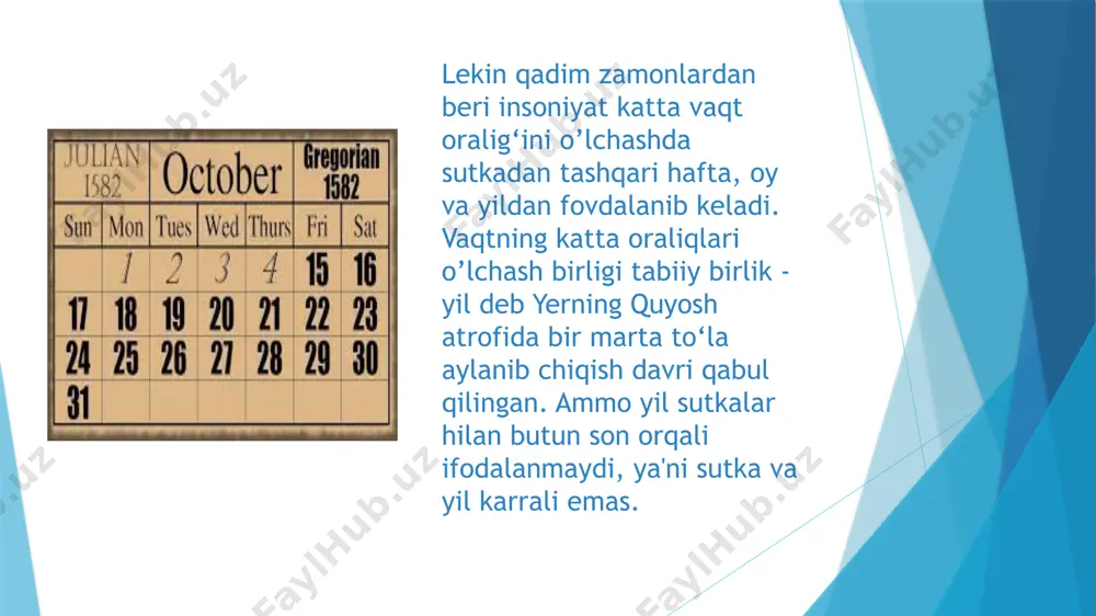 imgi rimda yangi sutka kechki soat 6 dan hisoblangan. sutkalar ikki qismga: haqiqiy kechasi va haqiqiy kunduzi (har biri 12 soatdan)ga bo'lingan. rim kalendarida kunlarni ham o‘ziga xos hisoblaganlar. oylardagi kunlarning zamonaviy kalendarlardagidek tartib raqami bo‘lmagan.oylar asosiy 3 «tayanch kunga» bo’lingan bo‘lib, kalendalar, nonelar, idlar deb atalgan. har bir oyning birinchi «tayanch kuni» kalenda (calendae) deb atalib, u lotincha «e’lon qilmoq», «bildirmoq» degan ma’nolarni bildiradi. har oyning boshida pontifiklar xalq yig’inini e'lon qilgan. shuningdek, bu davrda xalqqa yangi oy ko‘ringan vaqt e’lon qilinib turilgan. ikkinchi «tayanch kun» none2. martius, mayus, kvintilis, oktober oylarining yettinchi kuni va qolgan bosbqa oylarning beshinchi kuni none deb atalgan. none — taxminan oyning birinchi choragi ko’ringan kundan boshlangan. rim imperatori yuliy sezar (er.avv. 100-44) eramizdan avvalgi 46-yilda kalendar islohotini o‘tkazdi. yuliy sezar ungacha misrda bo‘lganida mahalliy kalendar uni qiziqtirib qo‘ygandi. yangi kalendarni tuzishda aleksandriyalik astronom sozigen faol qatnashadi. kalendar islohotchilari oldiga misr «daydi kalendari»ni tugatib, …