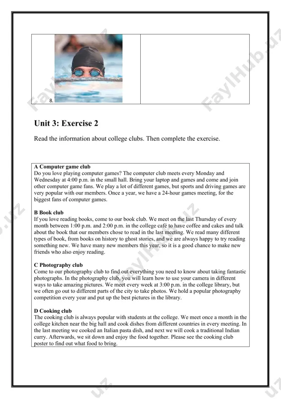 ce against cyclists from other schools. last year, i won second prize in the 10km race. i was really happy, but next year i will try to win first prize. in your next letter, please tell me about the sports you like. what is your favourite sport? are you in a team? hope to hear from you soon. best wishes, rachel complete the sentences with words from the text. write one word only in each gap. read the letter on the first screen again to help you. 1. rachel’s favourite sport is ___________ . 2. she got her first bike when she was ___________ . 3. she often goes cycling with her parents at the ___________ . 4. in the summer, rachel’s family normally go cycling in ____________ . 5. it was sometimes difficult to cycle in spain because it was _____________ . 6. she is on the cycling _________ …