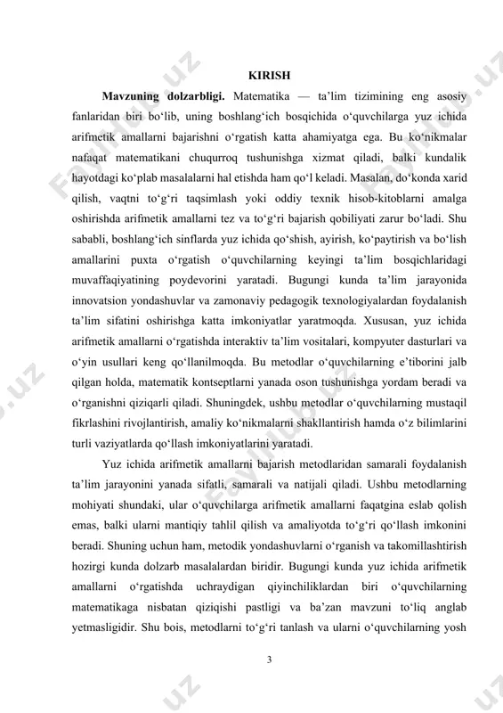 . boshlang‘ich sinf o‘quvchilarida yuz ichida arifmetik amallarni bajarish ko‘nikmalarini shakllantirishda samarali metodlardan foydalanishning ahamiyatini o‘rganish va amaliy tavsiyalar ishlab chiqishdir. kurs ishining vazifalari: · yuz ichida arifmetik amallarni bajarish metodlarini o‘rganish. · pedagogik adabiyotlar va amaliyotdan misollar keltirish. · yuz ichida arifmetik amallarni o‘rgatishda qo‘llanilayotgan metodlarning samaradorligini tahlil qilish. · samarali metodlarni ta’lim jarayoniga tatbiq etish bo‘yicha tavsiyalar ishlab chiqish. kurs ishining obyekti. boshlang‘ich sinf o‘quvchilarida yuz ichida arifmetik amallarni bajarish jarayonidagi o‘quv va pedagogik faoliyatdir. kurs ishining predmeti. yuz ichida arifmetik amallarni bajarish ko‘nikmalarini shakllantirishda qo‘llanilayotgan metod va usullardir. kurs ishining tuzilishi: kirish, 2 ta bob, umumiy xulosa va foydalanilgan adabiyotlar ro‘yxatidan iborat. i-bob. arifmetik amallarni o‘rgatishda metodik yondashuvlar 1.1. arifmetik amallarni o‘rgatishning metodik asoslari boshlang‘ich sinflarda arifmetik amallarni o‘rgatish jarayoni juda muhim va murakkab bo‘lib, bu jarayonda qo‘llaniladigan metodik yondashuvlar o‘quvchilarning matematik ko‘nikmalarini shakllantirishda asosiy rol o‘ynaydi. arifmetik amallarni tushunish va ularni to‘g‘ri bajarish qobiliyati boshlang‘ich bosqichda …