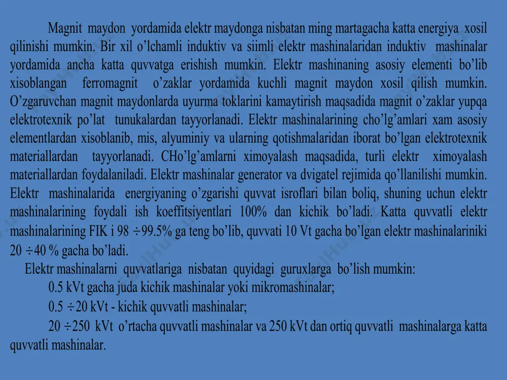 h cho’lg’ami xosil qilgan asosiy magnit maydon kuch chiziqlari bilan kesishgan yakorp cho’lg’amlarida elektr yurituvchi kuch induktsiyalanadi. yakor cho’lg’amidagi elektr yurituvchi kuchning yo’nalishi o’ng qo’l qoidasi yordamida aniqlanadi. magnit maydon o’zgarmas bo’lganligi sababli cho’lg’amdagi elektr yurituvchi kuch aylanish elektr yurituvchi kuchi deb ataladi. yakor cho’lg’amining bitta o’tkazgichidagi elektr yurituvchi kuch vbe ym  (1-1) bu yerda:v - xavo bo’shligidagi magnit maydon induktsiyasi; - o’tkazgichning uzunligi; v = 2rn - o’tkazgichning chiziqli tezligi. sektsiyaning o’tkazgichlari simmetrik bo’lganligi sababli, ularda bir xil kattalikdagi elektr yurituvchi kuchlar xosil bo’lib, ular kontur bo’yicha qo’shiladi va chiziqli tezlik bilan aylanayotgan yakor cho’lg’amining bitta o’ramidagi elektr yurituvchi kuch quyidagicha bo’ladi: vbee ymy 22 (1-2) yakor cho’lg’amlari navbatma-navbat shimoliy va janubiy qutb o’zaklari ostida bo’lganligi sababli xosil bo’lgan elektr yurituvchi kuch o’zgaruvchan xarakterga ega bo’ladi (32.a-rasm) /docprops/thumbnail.jpeg