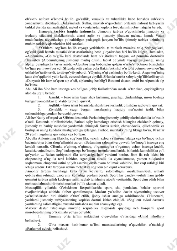 iga chuqur ta’sir ko’rsatadigan ajoyib tarbiyachidir, degan edi. sayohat, sayr, yurish, tabiatga bag’ishlangan san’at asarlarini o’rganish mazkur yo’nalishdagi an’anaviy ishdir. biroq tabiat ichida bo’lishning o’zi yetarli emas. tabiatdagi go’zallikni ko’ra bilish, his etish lozim. bunday qobiliyat asta-sekin rivojlanib boradi. sayr, ekskursiya hamda maktab uchastkasida ishlash paytida tarbiyachilar e’tiborini tabiat boyliklariga, uning shaklidagi mukammalliklarga qaratishi, bolalarga nafosat, tabiatni sevish ehtiyojigina bo’lmay, shuningdek, uni ehtiyotlashdan ham iboratligini tushuntirib borishi lozim. nafosat tarbiyasining vositalari. nafosat tarbiyasining vositalari o’quvchilarning go’zallikni sevish ruhida tarbiyalash maqsadida tevarak-atrofdan tanlab olingan turmush, tabiat, san’at go’zalligi va bolalarning badiiy faoliyatini tashkil etishga yo’naltirilgan pedagogik jarayonda qo’llaniluvchi omillar sanaladi. oila go’zallikning birinchi maktabidir. oila a’zolarining o’zaro munosabatlari, uy-jihozlari, ularning yagona birligi, uyg’unligi, tartibli joylashtirilishi, saranjom-sarishtalik, maktabning bezatilishi, maktabdagi yodgorlik va a’lochilar burchagi kabilarning barchasi bevosita bolalarda go’zallikni tarbiyalashda katta ta’sir ko’rsatadi. turmush go’zalligining asosini tozalik va tartiblilik tashkil etadi. sinfxonalarida tozalik saqlanishi, tabiat burchagining tashkil etilishi, o’quvchilar ijodiy ishlari ko’rgazmasi, …