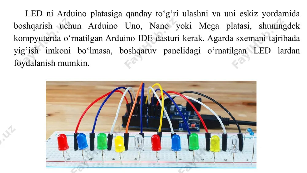 o‘k ledni olish mumkin. qisqa oyoqlar minus - yerga ulangan. shuni yodda tutish lozimki, 3 tadan ortiq ledni ulash arduino platasining quvvat moduliga katta yuk beradi. shu sababli, bir vaqtning o‘zida bir nechta ledni uzoq vaqt davomida yoqishni tashkil qilish tavsiya etilmaydi. mustaqil ishlash uchun topshiriqlar: 1. arduino sxemalarini o‘zingiz ulang. 2. arduino ideda mustaqil ravishda bu ish uchun dastur yozing. 3. mayoqni yarim soniya yorug‘lik qilib turing va miltillash orasidagi pauza bir soniyaga tenglashtiring. 4. misol kodini o‘zgartiring, shunda chiroq ishga tushgandan keyin uch soniya davomida yonsin va keyin standart rejimda miltillasin. havolalar http://edurobots.ru/2014/03/arduino-svetodiod/ https://www.youtube.com/watch?v=idbjfyninti https://arduinomaster.ru/uroki-arduino/podklyuchenie-svetodioda-k-arduino/ http://edurobots.ru/2014/03/arduino-svetodiod/ https://www.youtube.com/watch?v=idbjfyninti thank you that you took the time to watch image1.png image2.jpeg image3.jpeg image4.jpeg image5.jpeg image6.jpeg image7.jpeg image8.jpeg image9.png image10.jpeg image11.jpeg image12.png image13.png /docprops/thumbnail.jpeg