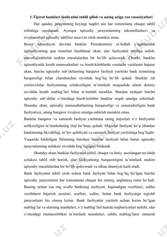 nlash muhim iqtisodiy masalalardan bir bo’lib qolaveradi va ulkan ahamiyat kasb etadi. bank faoliyatini tahlil etish uchun bank faoliyati bilan bog’liq bo’lgan barcha iqtisodiy jarayonlarni har tomonlama chuqur his etmoq, anglamoq zarur bo’ladi. buning uchun esa eng avallo bankning mohiyati, bajaradigan vazifalari, ushbu vazifalarni bajarish asoslari, usullari, xullas, butun bank faoliyatiga tegishli jarayonlarni his etmoq lozim. bank faoliyatini yuritish uchun lozim bo’lgan mablag’lar va ularning manbalari, o’z mablag’lari hamda majburiyatlari tarkibi, ular o’rtasidagi mutanosiblikni ta’minlash masalalari, ushbu mablag’larni samarali yo’naltirish, bankning likvidliligi, to’lov qobiliyatini ta’minlash asoslari kabilar chuqur o’rganilmog’i zarur. yuqorida bildirilgan fikrlarni umumlashtirgan holda, bank faoliyati tahlili fanining predmeti, bank faoliyatini o’zida aks ettiruvchi iqtisodiy jarayonlarni uzsluksiz ravishda o’rganishdan iboratdir. bank faoliyati tahlili fani banklarda muomaladagi bo’sh mablag’larni o’ziga jalb etish, o’z mablag’larini to’plash va boshqarish, jamlangan passivlarning aktiv operatsiyalarga joylashtirish, aktivlarni boshqarish daromad va xarajatlarni shakllantirish hamda mijozlarga bank xizmatlarini ko’rsatish bilan bog’liq bo’lgan iqtisodiy jarayonlarni o’rganadi. har …