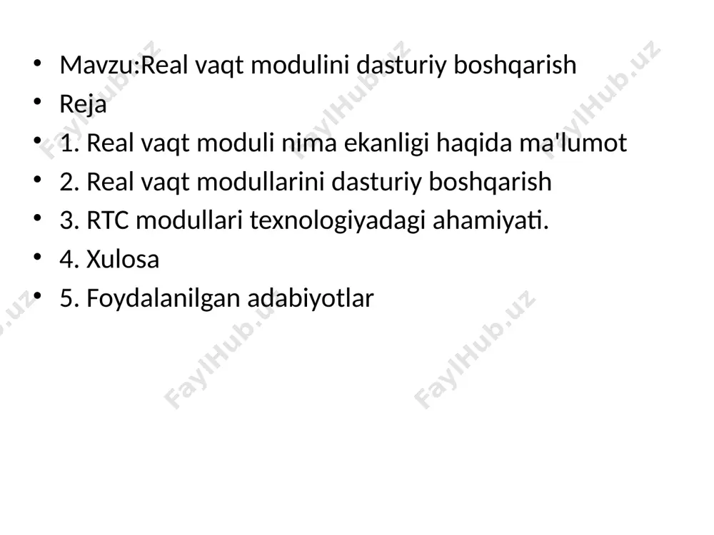 kuzatuv tizimlarida videoyozuvlarni vaqt bo‘yicha qayd qilish. lmiy tadqiqot va monitoring tibbiyot va ilmiy qurilmalarda rtc modullari real vaqt rejimida o‘lchovlarni qayd etishga yordam beradi. misol: tibbiy qurilmalarda bemorlarning hayotiy ko‘rsatkichlarini doimiy ravishda kuzatish xulosa real vaqt modullarini dasturiy boshqarish, ularning samarali ishlashini ta'minlash, vaqt va sanani aniqlash, vaqti-vaqti bilan tizimlarni sinxronlashtirish, interruptlar yordamida tizimlarni boshqarish kabi funktsiyalarni o‘z ichiga oladi. dasturiy boshqarish orqali rtc modullari har bir tizimga mos ravishda sozlanishi mumkin. rtc modullari aniqlik va quvvat samaradorligini birlashtiradi. aniqlik darajasini oshirish uchun yuqori sifatli rezonatorlar va harorat kompensatsiyasi ishlatiladi, quvvat sarfini kamaytirish uchun esa energiyani tejovchi texnologiyalar qo‘llaniladi. ular uzoq muddat davomida ishonchli va kam quvvatli ishlashni ta'minlaydi. foydalanilgan adabiyotlar 1. xoliqov a.a. raqamli sxemaotexnika. o'quv qo'llanma, t.: yangi nashr, 2007, 216 b. 2. ugryumov e.p. raqamli sxema. sankt-peterburg, bhv sankt-peterburg 2007. - 800 b. 3. parfenkin a., belov o. sxema. o'quv qo'llanma. morkniga, 2017, - 268 b. …