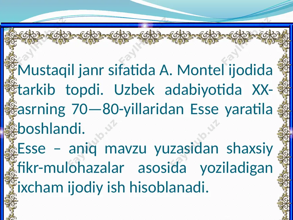 to‘qima va fantaziya bo‘lmaydi. unda adabiy til uslublaridan to‘g‘ri va o‘rinli foydalaniladi. 8. esse ixcham hajmli bo‘lgani bois, fikr-mulohaza bildirishda batafsil hikoyalashdan cheklanish, keltirilgan ma’lumotni ipidan ignasigacha bayon etishdan saqlanish, bir aytilgan fikrni yana qayta takrorlashga yo‘l qo‘ymaslik kerak. uzundan uzoq, aralash turdagi qo‘shma gaplar o‘rniga qisqa va ixcham ifoda usulini qo‘llagan ma’qul. 9. esse xatboshilarga to‘g‘ri ajratilishi kerak. esseni yozib bo‘lgach, uni qayta-qayta o‘qib chiqish tavsiya etiladi. 10. ensiklopediya va turli manbalardan olingan ma’lumotlar o‘z o‘rnida qo‘llanilishi kerak. aks holda, essening badiiyligi va ta’sirchanligiga putur yetadi ijtimoiy tarmoqlar va men. men farzandim uchun nima qilishim kerak? muvaffaqiyat sari birinchi qadam. vaqt shamoldek uchmoqda. maqsad – kelajakka poydevormi? korrupsiya nimadan boshlanadi? oltin olov bilan, erkak qiyin lahzalar bilan sinaladi. quyidagi mavzulardan birini tanlab, esse yozing image4.gif image5.png /docprops/thumbnail.jpeg