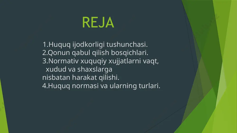 chet el fuqarolariga tegishliligi tushuniladi. davlat normativ xuquqiy xuujjatlar qabul qilgandan keyin,uni turmushga qo’llaishning muxum talablaridan biri ularning harakat doirasini belgilashdir. ularning kuchga kiritish va harakat doirasinibelgilash maxsus qarorlar bilan kursatiladi. bunda normativ xuquqiy xujjatlarning vaqt bo’yicha harakatda bo’lishi, kachon qabul qilingan qonun va kachon o’z kuchini yo’qotish vaqti belgilanadi. o’zbekiston respublikasida qabul qilingan qonun va boshqa normativ xuquqiy xujjatlarni vaqt bo’yicha kuchga kirishishni quyidagi tartibda belgilangan. qonun – bu normativ akt bo’lib, qonunchilik xokimiyati organi yoki referendum (umumxalk ishtirokida) orqali maxsus belgilangan tartibda qabul qilingan, xalkning irodasini ifodalaydigan, oliy yuridik kuchga bo’lgan va birmuncha muxim bo’lgan ijtimoiy munosabatlarni tartibga soluvchi xujjatdir va bular. imperativ (hokimiyatlilik xarakteriga faromoyishlarini mujassamlashtiruvchi); dispozitiv (mustaqil xarashlarni mujassamlashtiruvchi); raqbatlantiruvchi (ijtimoiy foydali yurish-turishlarni); tavsiyanoma ko’rinishidagi normalarga bo’linadi. xarakat qilish vaqtiga qarab: doimiy va vaqtinchalik (prezident farmonlari favqulotda xolat xaqida). shunday qilib, u yoki bu qonunning yaratilishiga bo’lgan extiyojni o’rganish –qonunchilik jarayonining boshlang’ich nuqtasidir. qonunchilik faoliyatiga ta'sir …