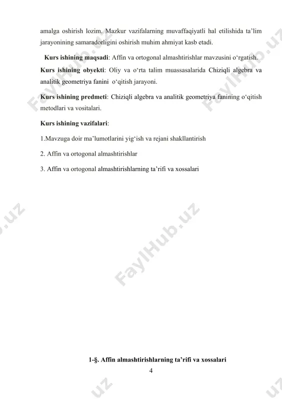 a vektorga vektorning mos kelishi kelib chiqadi, ya’ni f da vektorlarning chiziqli kombinatsiyasi saqlanadi, demak, chiziqli erkli vektorga yana chiziqli erkli vektorlar mos keladi. bu xossalarni va 4- § dagi ikki affin fazoning izomorfligi ta’rifini e’tiborga olsak, affin almashtirishning quyidagi ikkinchi ta’rifi kelib chiqadi. 2 - t a ‘ r i f. ap fazoning o’z-o’ziga izomorf akslanishi an dagi affin almashtirish deb ataladi. 3 - t a ‘ r i f. [ m n ] kesmani r nuqta nisbatda bo’lsa ( ya’ni bo’lsa ), u holda son m, n, r nuqtalarning oddiy nisbati deb atalib, uni odatdagidek ko’rinishda belgilanadi. demak, u holda 4-xossani e’tiborga olsak, affin almashtirishda nuqta berilgan kesmani qanday nisbatda bo’lsa, uning obrazi xam berilgan kesma obrazini shu nisbatda bo’ladi, degan xulosaga kelamiz, demak, affin almashtirishda uch nuqtaning oddiy nisbati saqlanadi. 5°. f affin almashtirishda k o’lchovli pk tekkislik yana k o’lchovli tekislikka almashadi, ya’ni tekislikning o’lchovi f …