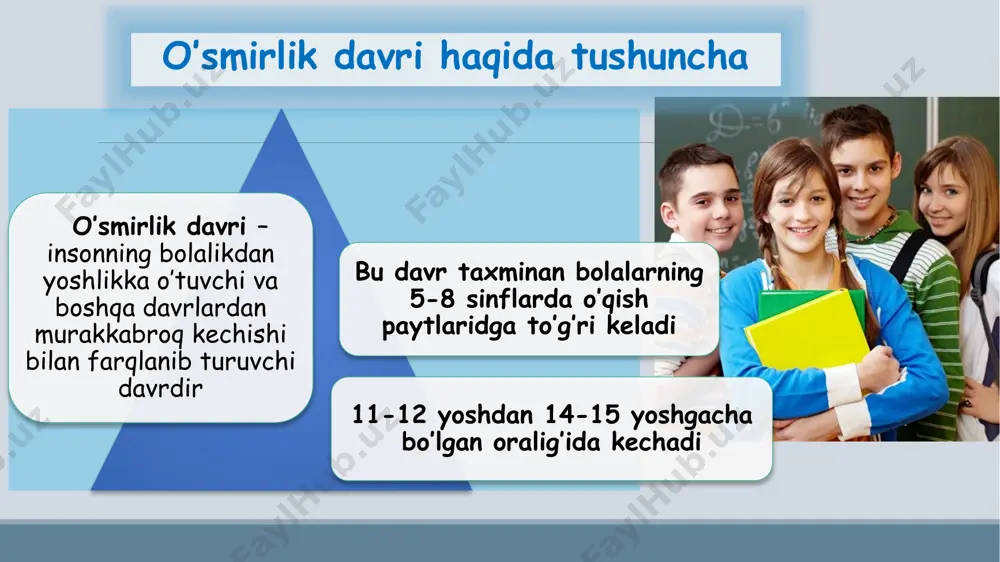 idagilarga shikoyat qilib ota-onasidan yordam so‘ragan bo‘lsalar, endi oiladan tashqarida birontasidan dakki eshitib, kaltak yeb kelgan taqdirda ham bu haqda ota-onasiga bildirmaslikka harakat qiladi va imkon qadar ota-onalarini uning «ishlariga» aralashmasliklarini xohlaydi. bularning bar- chasi o‘smirlarda bevosita kuzatiladigan emotsional avtonomiyaning ta’siridir. atrofidagilarning emotsional, hissiy qo‘llab-quvvatlashiga, mehr-muhabbatini namoyon qilishiga, erkalashiga ehtiyoj his qiladi makoniy avtonomiyalari o‘smirlar imkon qadar o‘z xonasida yolg'iz qolishga, biron-bir ishni bajarayotgan yoki biron-bir joyda bo'lgan vaqtlarida imkon qadar yolg‘iz bo'lishga, ayniqsa, o‘z ota-onasi, oila a’zolari nazaridan chetroqda bo‘lishga, o‘z o‘y-xayollari bilan mashg‘ul bo‘lib vaqt o'tkazishga intilib qoladi oʼsmirlik yoshi dunyoqarash, eʼtiqod, nuqtai nazar, pozitsiya, oʼzligini anglash, baholash va hokazolar shakllanadigan davr hisoblanadi. oʼsmirlik yoshida shaxsning shakllanishi kichik maktab yoshidagi bola kattalarning koʼrsatmalari yoki oʼzining tasodifiy, ixtiyorsiz orzu-istaklari bilan harakat qilsa, oʼsmir oʼz faoliyatini muayyan printsip, eʼtiqod va shaxsiy nuqtai nazari asosida tashkil qila boshlaydi. oʼsmir shaxsining tarkib topishida axloq oʼziga xos, ong alohida ahamiyat kasb etadi. bunda …
