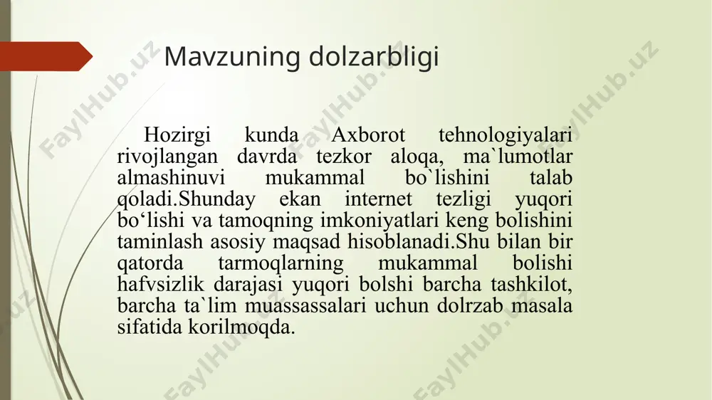 ulteti tarmog‘ini qurishda ishlatiladigan packet tracer simulatori va unda bajarilishi mumkin bo‘lgan jarayonlar haqidagi tushinchalar. aktskt fakulteti tarmog‘ini to‘g‘ri ishlashini boshqaruvchi va nazoratqiluvchi iso standartlari va ularning tutgan o‘rni. fakultetlar o‘rtasida ma’lumotlarni uzatish tarmoqlarida xavfni baholash va tarmoq axborotlarini himoyalash (usullari yoki vositalari). iii bob. aktskt fakultetini hozirgi holatini modernizatsya qilish aktskt fakultetini hozirgi tarmoq arxitekturasini qurish. tatu va undagi aktskt fakultetinitarmog‘ini modernizatsiya qilish va undan erishilishi ko‘zda tutilgan vazifalar bayoni. iv bob. hayot faoliyati xavfsizligi. ekologiya mehnat muhofazasi sohasida nazorat organlari. nurlanish normalari. atrof muhitni ifloslanish ko'lami va manbaalari. bu yerda hozirgi vaqtdagi tatu tarmoq arxitekturasi tasvirlangan bo’lib, unda qanday imkoniyatlar yaratilganini ko’rishiz mumkin. *ikki o’quv xonasi(415-412-xonalar) *kafedra(+kafedra mudiri xonasi) *dekanat(dekanlar va zam dekanlar) *boshqa dekanatlar(hamma deknatlar tarmog’i bir xilligi sababli bitta umumiy tarmoqni misol qildim) *rektorat (prorektorlar va rektor)dan tashkil topgan bo’lib ular qavatlarda joylashgan maxsus switchlar orqali ulanadi. ya’ni, har bir etajdagi switchlarga shu etajdagi barcha xonalarda …