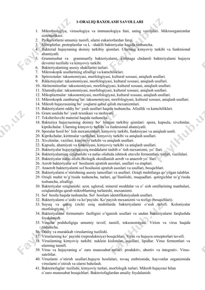oraliq baxolash savollari mikrobiologiya — DOCX