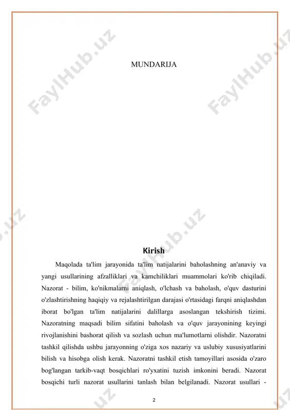 ar doim fikr ishini kuzatib borishi mumkin va buning natijasida o'z bilimiga nisbatan barcha shubhalarni osongina va zamonaviy tarzda bartaraf etish imkoniyatiga ega. har bir og'zaki javob og'zaki nutq mashqidir, ya'ni bu usul katta rivojlantiruvchi ta'sir ko'rsatadi. i bob ta'lim jarayonida ta'lim natijalarini monitoring qilish va baholash usullari pedagogik nazorat. nazorat o‘quv jarayonining muhim qismidir. amalga oshirilgan funksiyalarga qarab boshqaruv 4 turga bo‘linadi: - oldindan, - hozirgi, - davriy, - yakuniy. dastlabki nazorat. uning diagnostik vazifalari mavjud va o‘quv boshlanishida talabalarning mavjud bilim, ko‘nikma va malakalarini aniqlash uchun amalga oshiriladi. u an’anaviy ravishda o‘quv yilining dastlabki kunlarida yoki yangi mavzuni o‘rganishdan oldin qo‘llaniladi. uning ahamiyati juda katta, chunki yangi materialni o‘rganish tabiati to‘g‘ridan-to‘g‘ri ilgari ko‘rib chiqilgan tushunchalar, ta’riflar va qoidalarni o‘zlashtirish darajasiga bog‘liq. agar o‘qituvchi bu haqda bunday ma’lumotga ega bo‘lmasa, u holda u o‘quv jarayonini loyihalashtirish va boshqarish imkoniyatidan mahrum bo‘ladi. aynan dastlabki nazorat mashg‘ulotning boshlang‘ich darajasini belgilaydi, natijada …