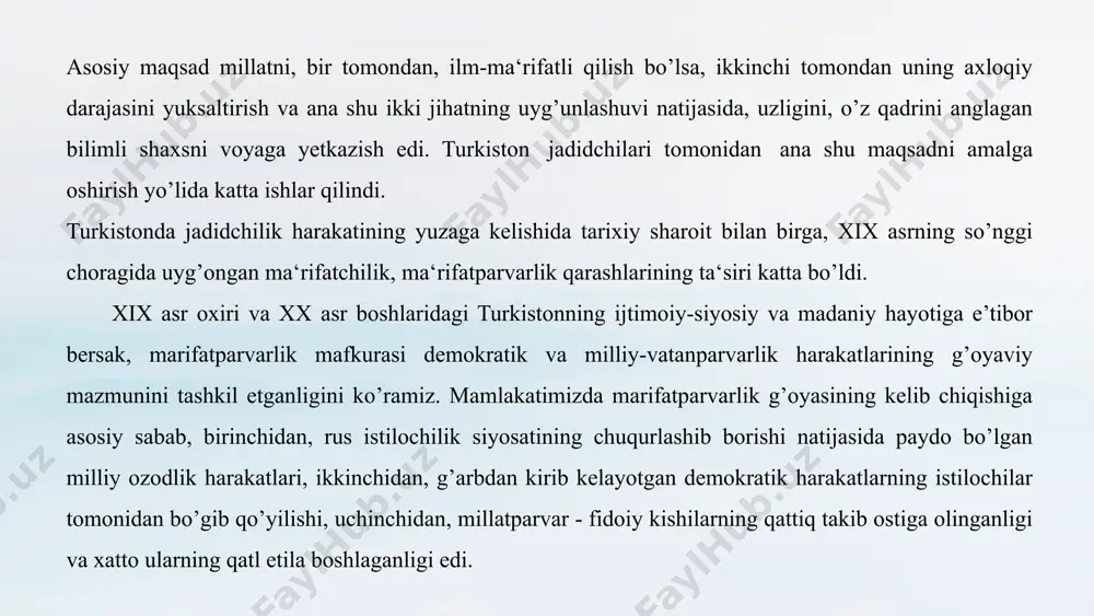 a jadidchilik milliy-ozodlik harakati sifatida tarixga kirgan bo’lib, ular dunyoqarashida vatanparvarlik, millatparvarlik, ma‘rifat va taraqqiyotga erishish g’oyalari mavjud edi. ular erkinlikka erishish yo’lida milliy ong va o’zlikni bilishni o’stirish zarur, deb ta‘kidlaganlar. xix asr oxiri xx asr boshlarida turkiston jamiyatida ma‘naviy inqiroz chuqurlashgan bo’lib, milliy madaniyatni ko’tarmay, umumsoni qadriyatlardan baxramand bo’lmay, ma‘rifiy tarbiyaviy ishlarni keng yo’lga qo’ymay, ijtimoiy va iqtisodiy taraqqiyotga erishib bo’lmas edi. shu sababli jadidlar millatning ma‘naviy kamoloti ma‘rifatga erishuvida deb to’shundilar. buning uchun maktablarda dunyoviy bilimlar berish bilan isloh qilish zaruriyatini ta‘kidlab, milliy uyg’onish va milliy ong shaklanishida muhim rol uynaganlar. jadidchilik aslida ma’rifatparvarlik harakatining ko‘rinishidir. shuning uchun biz bu o‘rinda masala bayonini ma’rifat va ma’rifatparvarlik tushunchalari va uning ahamiyatini izohlashdan boshlashni lozim topdik. ma’rifatning lug‘aviy ma’nosi bilish, tanish, bilim demakdir. boshqacha aytganda ma’rifat bilmoq, kishilarning ong-bilimini, madaniyatini oshirishga qaratilgan ta’lim-tarbiya jarayonidir. ma’rifat so‘zining ko‘pchilikdagi ma’nosi maorifdir. ma’rifat atama sifatida – tabiat, jamiyat va inson mohiyati haqidagi …