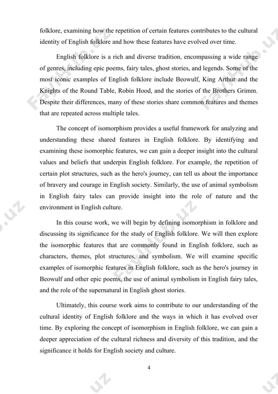 lore tradition. by identifying and examining these isomorphic features, we can gain a deeper understanding of the cultural significance of folklore and its role in shaping a society's identity. in the context of english folklore, isomorphism is a useful concept for understanding the shared features and themes that are repeated across different tales. english folklore encompasses a wide range of genres, from epic poems like beowulf and sir gawain and the green knight to fairy tales like "jack and the beanstalk" and "cinderella," to ghost stories and legends about mythical creatures like the loch ness monster. despite the diversity of these genres, many of these stories share common features and themes that are repeated across multiple tales. these isomorphic features provide insight into the cultural identity of english folklore and the values, beliefs, and traditions that have shaped it over time. one of the most common isomorphic features in english …