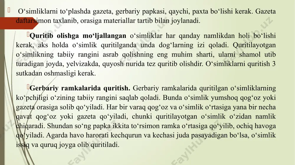 rga kelganda bolalar kayfiyati ko‘tarilib, ular har narsaga qiziqish bilan qaraydilar, barglar, ularning ranglari, shakllari bolalarni ajablantiradi. ular tabiatning butun go‘zalligini, uning ranglarini, to‘kilgan barglar hidi va ular o‘zining elastiklik xususiyatini yo‘qotganligini, qattiqlashib, sinuvchan bo‘lib qolganligini ko‘radilar. bolalarning atrof tabiat bilan zavqlanishlari kamayib borishiga qarab, ularning e’tibori barglarning shakli, daraxtlar navlariga qaratiladi. ana shu vaqtda o‘simliklarda sodir bo‘layotgan ichki jarayonlar qisqa va tushunarli bayon etib beriladi: o‘simlik yangi sharoitlarga moslashib, qish fasliga tayyorgarlik ko‘rayotganligi bilan tanishadilar. bolalarning e’tibori atrofda uchib yurgan qushlar, kapalak, ninachilarga, ularning asosiy belgilariga jalb qilinadi, uchib yurgan qushlar, ularning tuzilish formalari haqida, mehnat darslarida qushlar applikatsiyasini tayyorlash uchun to‘plangan barglar material xizmatini o‘tashi to‘g‘risida suhbat o‘tkaziladi. o‘quvchilar barglarni to‘plar ekanlar, ularning ranglarini, shakllarini qiyoslashni o‘rganadilar, bu ularning kuzatuvchanligi va diqqat qilish qobiliyatlarini o‘stirishga yordam beradi. to‘plangan barglar oldindan tayyorlab qo‘yilgan daftar varaqlari orasiga qo‘yiladi. shundan keyin bolalarga barglarning texnologiya mashg‘ulotlarigacha rangini yo‘qotmasligi, buralib ketmasligi uchun qanday …