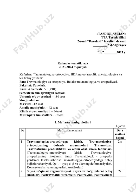 polifokal shikastlanishlar. politravmani turlari. ko‘p sonli shikastlanishlar. qo‘shma shikastlanishlar. aralash shikastlanishlar.) 2s 3 chanoq suyaklari va umurtqa pog‘onasi sinishlari. chanoq suyaklari va umurtqa pog‘onasi sinishlarini profilaktikasi va oldini olish chora tadbirlari.(chanoq suyaklarini anatomiyasi. chanoqni qon bilan ta’minlanishi va innervatsiyasi. chanoq suyaklarini funksiyasi. chanoq suyaklarini bo‘g‘imlari.chanoq suyaklarini sinish mexanizmi. chanoq suyaklari sinishlarini statiskasi.chanoq suyaklari sinishlarini tasnifi. umurtqa pog‘onasi shikastlanishlarini o‘ziga xos xususiyatlari. umurtqa pog‘onasi shikastlanishlarini tasnifi.umurtqa pog‘onasi stabil va nostabil sinishlari.) 2 s 4 tayanch-harakat tizimini tug‘ma deformatsiyalari. tayanch-harakat tizimini tug‘ma deformatsiyalarini profilaktikasi va oldini olish chora tadbirlari. (tayanch-harakat tizimini tug‘ma deformatsiyalari. son suyagi tug‘ma chiqishi. son suyagi tug‘ma chiqishini uchrashi. son suyagi tug‘ma chiqishiga olib keluvchi omillar. son suyagi tug‘ma chiqishini diagnostikasi. tug‘ma maymoqlik. tug‘ma maymoqlikni diagnostikasi. tug‘ma maymoqlikni klinik belgilari. tug‘ma maymoqlikni konservativ va operativ davolash usullari. tug‘ma maymoqlikda bosqichli gipsli bog‘lam qo‘yish. tug‘ma mushakli bo‘yin qiyshiqlik. tug‘ma mushakli bo‘yin qiyshiqlikni klinik belgilari. tug‘ma mushakli bo‘yin qiyshiqlikni konservativ va …