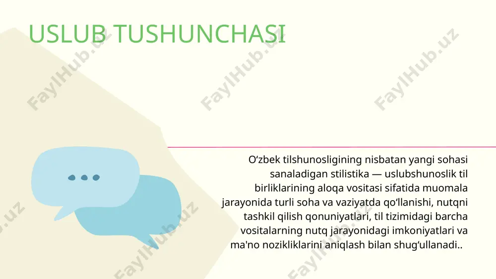 miy, erkin muomalalari doirasida til birliklarining o‘ziga xos tarzda amal qilishidir. uni ma'lum ma'noda tildagi boshqa uslublarga qarama-qarshi qo‘yish mumkin. bu uslubning o‘ziga xos xususiyati nutq jarayonida til va tildan tashqari omillarning uyg‘un bo‘lishida ko‘rinadi soʻzlashuv uslubi ayni paytda bu holat so‘zlashuv uslubidagi me'yoriy holatlarnibelgilashni qiyinlashtiradi. chunki tildan foydalanuvchining shaxsi, buning ustiga, nutqiy vaziyat yagona bir me'yorni tayin etishga imkon bermaydi. rahmat image1.png image2.svg image3.png image4.svg image5.png image6.svg image7.png image8.svg image9.png image10.svg image11.png image12.svg image13.png image14.svg image15.png image16.svg image17.png image18.svg image19.png image20.svg image21.png image22.png image23.png image24.svg image25.png image26.svg image27.png image28.svg image29.png image30.svg /docprops/thumbnail.jpeg