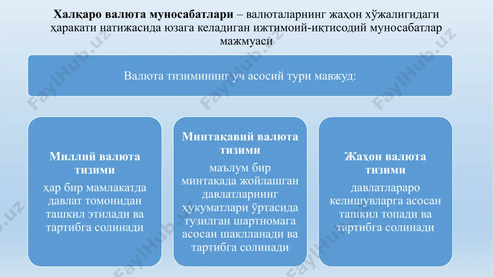 b) tomonidan chet el valyutasini sotib olish va sotish orqali milliy valyuta kursiga ta'sir qilish usuli. milliy valyuta kursini oshirish maqsadida markaziy bank chet el valyutasini sotadi va kamaytirish uchun - chet el valyutasini sotib oladi. valyuta kursi rejimi - milliy va davlatlararo tartibga solinadi. suzib yuruvchi qat'iy belgilangan valyuta kursi yoki har ikkala kombinatsiyalashgan siyosat qo'llaniladi. devalvatsiya va revalvatsiya - pul-kredit siyosatining an'anaviy shakllari hisoblanadi. devalvatsiya - milliy valyutaning xorijiy valyutaga nisbatan qadrsizlanishi revalvatsiya - milliy valyuta kursining xorijiy valyutaga nisbatan oshishi. to'lov balansining yiriklashtirilgan sxemasi schet nomi kredit (xorijiy valyuta tushumi) debet (xorijiy valyutani sarflash) saldo savdo balansi tovarlar eksportidan keladigan tushumlar tovarlar importi uchun xarajatlar tushumlar minus xarajatlar xizmatlar balansi xizmatlar eksportidan keladigan tushumlar xizmatlar importi uchun xarajatlar tushumlar minus xarajatlar o'tkazmalar balansi xorijdan olingan o'tkazmalar xorijga to'langan o'tkazmalar xorijdan olingan va xorijga to'langan o'tkazmalar o'rtasidagi farq joriy operatsiyalar (1+2+3) joriy operatsiyalar schyoti bo'yicha jami tushumlar joriy …