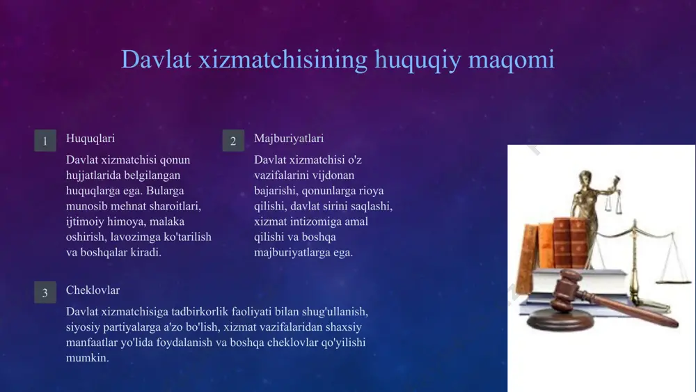 tchisi adolatli bo'lishi, barcha fuqarolarga teng munosabatda bo'lishi va kamsitishga yo'l qo'ymasligi kerak. 3 mas'uliyatlilik davlat xizmatchisi mas'uliyatli bo'lishi, o'z harakatlarining oqibatlarini anglashi va qabul qilgan qarorlari uchun javob berishi kerak. 8 davlat xizmatini isloh qilish istiqbollari 1 innovatsiyalar 2 raqamlashtirish 3 samaradorlik 4 ochiqlik 5 professionalizm davlat xizmatini isloh qilish istiqbollari professionalizm darajasini oshirish, jarayonlarni raqamlashtirish, davlat xizmatining ochiqligi va shaffofligini ta'minlashga qaratilgan. innovatsion texnologiyalarni joriy etish va boshqaruv samaradorligini oshirish muhim ahamiyatga ega. 9 xulosa va takliflar xulosa qilib aytganda, davlat xizmati mamlakatimizning muhim bir instituti bo'lib, uning takomillashuvi jamiyatimiz ravnaqi uchun zarurdir. biz davlat xizmatini isloh qilish, uning samaradorligini oshirish, axloqiy me'yorlarini mustahkamlash va professional kadrlarni tayyorlashga e'tibor qaratishimiz kerak. takliflarimiz quyidagilardan iborat: davlat xizmatchilarining malakasini oshirish korrupsiyaga qarshi kurashish davlat xizmatini raqamlashtirish fuqarolar bilan muloqotni yaxshilash 10 e’tiboringiz uchun rahmat!!! image4.jpeg image5.png image6.png image7.png image8.png image9.png image10.png image11.png image12.png image13.png image14.png image15.png image16.png image17.png image18.png image19.png …
