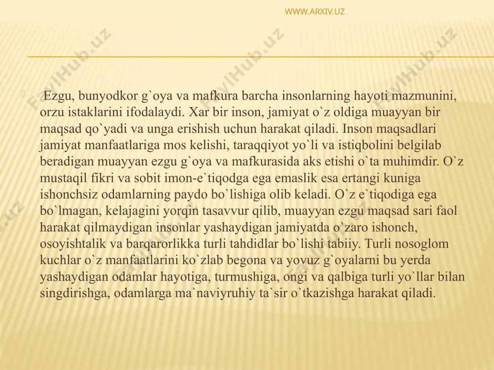 nati bilan boshqa barcha tirik jonzotlardan farq qiladi. inson tafakkuri voqyelikni idrok etish mobaynida turli fikrlar, qarashlar, g`oyalar va ta`limotlar yaratadi. demak birinchidan. roya inson tafakkurining mahsulidir. ikkinchidan. g`oya oldin mavjud bo`lmagan, o`zida yangalikni tashuvchi fikrdir. uchinchidan, oldin g`oya paydo bo`ladi, undan keyin g`oya asosida mafkura, mafkura asosida esa tizim, siyosat paydo bo`ladi. ilmiy-falsafiy adabiyotlarda «g`oya», «mafkura», «ideya» va «ideologiya» tushunchalari ishlatilmoqda. ideya va ideologiya ko`proq garb davlatlarida hamda rus tilidagi manbalarda uchraydi. «ideya» iborasi yunon tilidagi «idyea» so`zidan olingan, «ideologiya» so`zi uchun o`zak bo`lib hisoblanadi va tushuncha yohud fikr ma`nosini anglatadi. ideologiya (idyea-g`oya. tushuncha, iogos — ta`limot) www.arxiv.uz — g`oyalarning mazmuni, shakllanishi, ahamiyati to`g`risidagi bilimlarni ifodalaydi va ilmiy soha hisoblanadi; — muayyan g`oyani amalga oshirish, maqsadga yetish usullari, vositalari, omillari tizimini anglatadi. soglom va nosoglom, ezgu hamda yovuz, bunyodkor yoki buzgunchi g`oyalar bo`lishi mumkin. g`oyalarning oddiy fikrlardan farqi yana shundaki, bular garchi tafakkurda paydo bo`lsada, keng jamoatchilikning maqsadlarini ifoda …