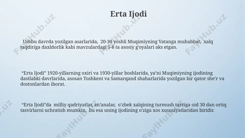 va kuzatuvlarini aks ettiradi. ushbu to'plamda 19-asr oxiri – 20-asr boshlariga oid ijtimoiy-siyosiy voqealar, masalan, rus istilosi va uning xalq hayotga ta'siri haqida o'ziga xos badiiy tasvirlar mavjud. muqimiy va xalq og'zaki ijodi uning to'plagan qo'shiqlari, dostonlari va maqollari buxoro, samarqand va xorazm mintaqalari folklorining boy xilma-xilligini aks ettirib, 5 ta asosiy sheva xususiyatlarini o'rganishga imkon beradi. muqimiyning 19-asr oxiri – 20-asr boshlarida buxoro viloyatida yashagan xalq og'zaki ijodining 300 dan ortiq namunalarini to'plaganligi uning merosining bebaho ekanligini ko'rsatadi. muqimiyning folklor namunalarini yig'ish va tahlil qilish uslubi zamonaviy etnografiya va folkloristika fanlariga 20-asrning boshlarida sezilarli hissa qo'shgan. "farhod va shirin" dostoni muqimiyning "farhod va shirin" dostoni, uning o'ziga xos til va uslubi bilan 10 dan ortiq nashrda chop etilgan va hozirgacha o'zbek adabiyotining klassikasi hisoblanadi. farhod va shirin dostoni, muqimiyning 19-asr oxirida yozilgan eng mashhur asarlaridan biri bo'lib, unda 300 dan ortiq bayt she'r mavjud. dostonda samarqand va buxoro kabi …