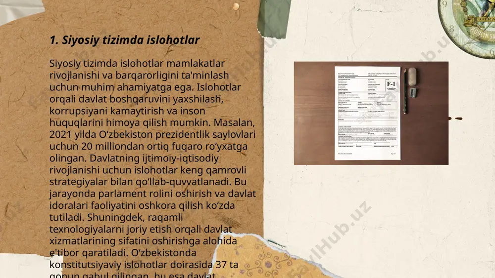 2000-yillar) kabi joylarda paydo bo'lgan. zamonaviy davlat boshqaruv tizimlari xvii-xviii asrlarda shakllangan. angliya 1689 yildagi "habeas corpus act" orqali huquqiy tizimni kuchaytirdi. 1776 yilda aqshda mustaqillik e'lon qilinishi bilan demokratik boshqaruv modellari rivojlandi. shveytsariya 1848 yilda federalizmni asos qilib olgan boshqaruv tizimini yaratdi. hozirda dunyoda davlat boshqaruvi uchun o'nlab turli modellar mavjud bo'lib, ular milliy, iqtisodiy va madaniy sharoitlarga ko'ra farq qiladi. ... t.me/slaydai_bot oʻzbekiston respublikasi konstitutsiyasi 1992-yil 8-dekabrda qabul qilingan. ushbu konstitutsiya mustaqil oʻzbekistonning birinchi va asosiy qonun hujjati sifatida tasdiqlangan. konstitutsiya 6 bob va 128 moddadan iborat boʻlib, davlat tizimini, fuqarolarning huquq va erkinliklarini, shuningdek, hukumatning tashkil etilishi va faoliyatini belgilaydi. 1992-yil 8-dekabrida qabul qilingan konstitutsiya oʻsha davrda oʻtkazilgan oliy kengash sessiyasida bir ovozdan maʼqullangan. u zamonaviy davlat qurilishi, inson huquqlari va erkinliklari, shuningdek, iqtisodiyot va xususiy mulkni o‘z ichiga olgan konseptual yondashuvlarni oʻzida mujassam etgan. ushbu asosiy hujjat yil davomida o‘zgarishlar va qoʻshimchalar bilan yangilangan boʻlib, xalq …
