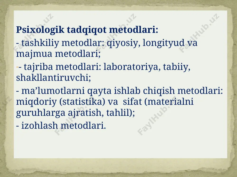 (1921), rasm chizish, imzo); sotsiometrik test (j.моreno). * тest — so’rov oldindan qat’iy tarzda qabul qilingan savollarga beriladigan javoblarni taqozo etadi. masalan, ayzenkning 57 ta savoldan iborat testi shaxsdagi introversiya-ekstroversiyani o’lchaydi, savollarga «ha» yoki «yo’q» tarzida javob berish so’raladi. тest — topshiriq odam xulqi va xolatini amalga oshirgan ishlari asosida baholashni nazarda tutadi. testlar juda xilma-xil bo‘ladi. quyida bulardan ba’zilari keltirilgan: 1. yutuqlarga erishish testlari – sinaluvchining aniq bilim, malaka va ko‘nikmalarga ega bo‘lish darajasini aniqlash imkonini beradigan psixologik tashhislash metodikalardan biri. 2. idrok testlari – individning aqliy imkoniyatlarini aniqlovchi psixologik tashhislash metodikasi. 3. ijodkorlik testlari – insonning ijodkorlik qobiliyatlarini o‘rganish va baholash metodikalarining jamlanmasi. 4. shaxsni bilish testlari – individ shaxsining turli tomonlariga baho berish imkonini yaratuvchi psixologik tashhislash metodikasi. 5. loyihalash testlari mohiyati shundaki, unda ataylab shunday sun’iy bir vaziyat shakllantiriladi va tashkil etiladiki, aynan shu vaziyatda qiziqtirayotgan psixik jarayon yoki xodisa ajratiladi, o’rganiladi, ta’sir ko’rsatiladi va baholanadi. …