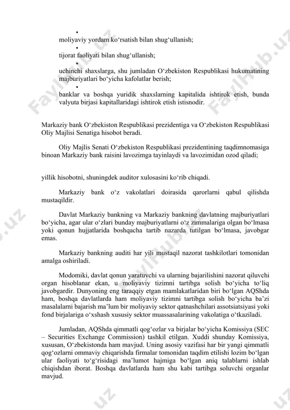 oluvchi organ rolini o‘ynagani bilan bir qatorda, u mazkur tizimdan o‘z siyosatining boshqa maqsadlariga erishish uchun foydalanadi. misol tariqasida hukumatning pul-kredit siyosatini iqtisodiy o‘sish yoki bandlik sohasidagi turli umummilliy vazifalarning bajarilishi uchun foydalanishini keltirish mumkin. keyingi o‘rinlarda biz u yoki bu moliyaviy tizim sohasini tartibga soluvchi yoxud boshqa iqtisodiy maqsadlarga yetishish uchun ushbu tizimni asosiy instrument (vosita) tariqasida ishlatadigan ba’zi davlat tashkilotlari to‘g‘risida so‘z yuritamiz. 2. ixtisoslashgan moliyaviy vositachilar bu guruh tashkilotlar iqtisodiy faoliyatning o‘ziga xos turlarini rag‘batlantirish maqsadida tuzilgan kompaniyalarni o‘z ichiga oladi. ushbu kompaniyalar faoliyati moliyalashtirish jarayonini yengillashtiradi yoki ular muayyan guruhdagi mijozlarga har xil turdagi qarzga oid instrument (vosita)larni taqdim etadilar. bunga misol tariqasida fermerlar, talabalar, kichik korxonalar, yangi uylarni sotib oluvchilar va boshqalarga qarz beruvchi yoki qarzni kafolatlovchi davlat agentliklarini ko‘rsatish mumkin. davlat tashkilotlarining boshqa guruhi bank omonatlarining sug‘urtasi uchun tashkil etilgan agentliklar sifatida namoyon bo‘ladi. ularning asosiy funksiyasi moliyaviy tizimning barcha qismida yoxud uning qaysidir …