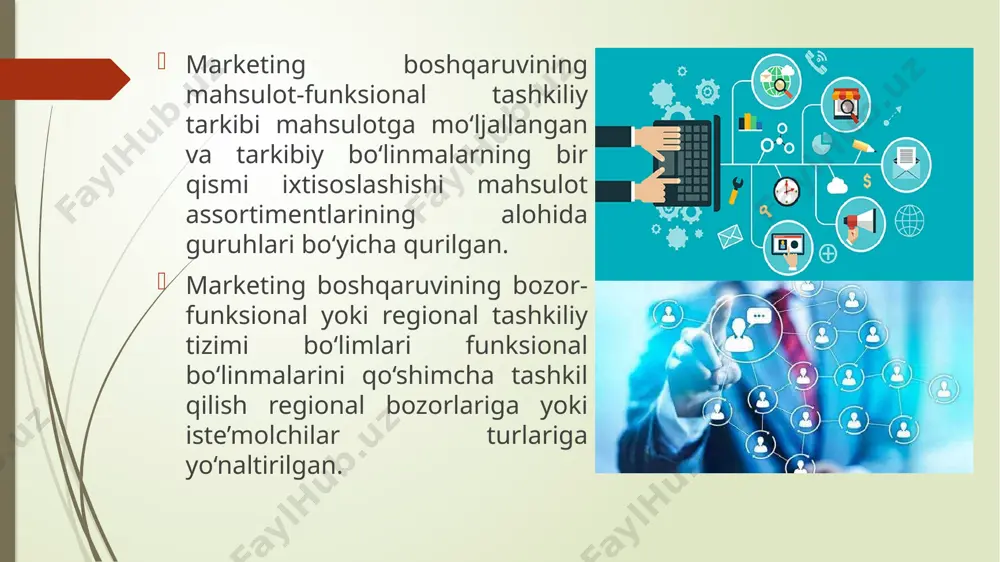 arni mukammallashtirish kontseptsiyasi. 3. tijorat harakatlarini intensifikatsiyalash kontseptsiyasi. 4. marketing kontseptsiyasi. 5. ijtimoiy-etnik marketing kontseptsiyasi. marketingni boshqarish jarayoni marketingni boshqarish jarayoni quyidagilardan iborat: 1. bozor imkoniyatlarini tahlil (analiz) qilish. 2. maqsadli bozorlarni tanlab olish. 3. marketig kompleksini ishlab chiqish. 4. marketing ishlarini hayotga tatbiq etish kompaniya doimo o’z maqsadi va mahsulot assortimentini ma’lum bozorda muhimligini saqlanishiga ishonishi kerak. har qanday kompaniya qiyin va o’zgaruvchan marketing muhitida faoliyat olib boradi. yashovchanligini saqlab qolish uchun u biron guruhga kerakli tovarni ishlab chiqarib, taklif qilishi kerak. xulosa qilib aytadigan bo’lsak, marketing har birimizning hayotimizga chuqur kirib borgan. marketing o’zida turli xil faoliyatlarni jamladan, bularga marketing tadqiqotlari, tovarga ishlov berish, korxonani shu tovarni tarqatishi, narx quyish, reklama va shaxsiy savdo kiradi. har bir ishlab chiqaruvchi o’z marketingini boshqarishni rivojlantirishga harakat qiladi. marketingni boshqarishni yuqorida ta’riflab o’tildi. e’tiboringiz uchun raxmat the end image1.jpeg image2.jpeg image3.jpeg image4.jpeg image5.jpeg image6.jpeg image7.jpeg image8.png image9.jpeg image10.png /docprops/thumbnail.jpeg