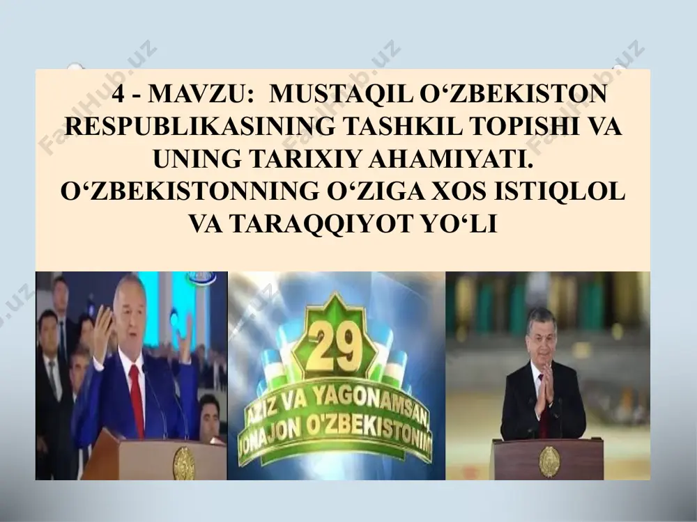 ‘ridan-to‘g‘ri, umumiy va muqobil asosdagi saylovda prezidentlikka nomzod islom karimov uchun 8 million 514 ming 136 kishi yoki ovoz berishda qatnashganlarning 86 foizi ovoz berdi. “o‘zbekiston respublikasi prezidenti saylovi to‘g‘risida”gi qonunning 35-moddasiga asosan islom karimov 1991-yil 29-dekabrdan o‘zbekiston respublikasining prezidenti lavozimiga saylangan, deb hisoblandi. mustaqillik yillarida prezidentlik instituti to‘la shakllandi. prezidentlik institutining shakllanish bosqichlari: 1990-yil 24-mart prezident lavozimi ta’sis etildi 1991-yil 18-noyabr “o’z. respublikasi prezidenti saylovi to’g’risida”gi qonun qabul qilindi 1991-yil 29-dekabr mustaqil o’zbekistoning respublikasining birinchi prezidenti saylandi 1995-yil 26-mart prezident vakolatlarini 2000-yilgacha uzaytirish bo’yicha referendum o’tkazildi 2000-yil 9-yanvar prezident saylovida islom karimov 91.9% ovoz olib qayta saylandi 2002-yil 27-yanvar o‘tkazilgan referendum yakunlariga ko‘ra, o‘zbekiston respublikasi prezidenti vakolat muddati 5 yildan 7 yil qilib o‘zgartirildi. 2007-yil 23-dekabr prezident saylovida to’rtta nomzod ichidan i. karimov saylandi mamlakat qurolli kuchlarining oliy bosh qo‘mondoni vakolati tugashi munosabati bilan iste’foga chiqqan prezident umrbod senat a’zosi lavozimini egallaydi prezident saylovi o’tkaziladi 2015-yil 29-mart 9 d …