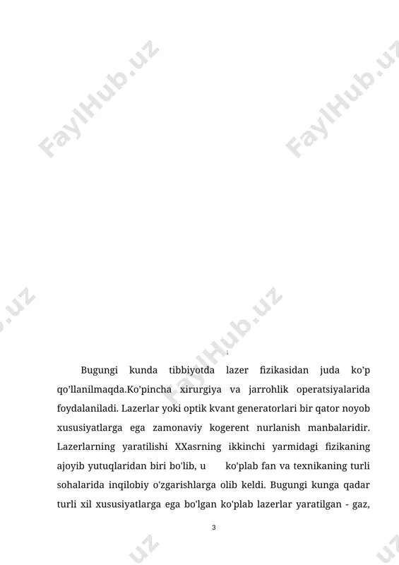 nlari aniqlandi, ularning asosiy qismi kesish joyida issiqlik to'qimalarining kuyish zonasi juda katta. ma'lumki, kuyish maydoni qanchalik keng bo'lsa, jarrohlik yarasi shunchalik yomonlashadi. bundan tashqari, elektr pichoqni ishlatganda, bemorning jasadini elektr pallasida kiritish kerak bo'ladi. elektrojarrohlik asboblari operatsiya paytida organizmning hayotiy funktsiyalarini kuzatish uchun elektron qurilmalar va qurilmalarning ishlashiga salbiy ta'sir qiladi. kriyoirurgik vositalar, shuningdek, to'qimalarni sezilarli darajada shikastlanishiga olib keladi, bu esa shifo jarayonini yomonlashtiradi. krioskalpel to'qimalarida disektsiya darajasi juda past. aslida, bu dissektsiyani o'z ichiga olmaydi, ammo to'qimalarni yo'q qiladi. plazma skalpelidan foydalanganda sezilarli kuyish maydoni kuzatiladi. agar biz lazer nurlari aniq gemostatik xususiyatlarga ega ekanligi, shuningdek bronxiolalar, o't yo'llari va oshqozon osti bezi kanallarini muhrlash qobiliyatiga ega ekanligimizni hisobga olsak, jarrohlik amaliyotida lazer texnologiyasidan foydalanish juda istiqbolli bo'lib qoladi. lazerlarni jarrohlik amaliyotida qo'llashning ba'zi afzalliklari asosan karbonat angidrid lazerlariga (c02 lazer) tegishli. 1. lazerlar haqida tushuncha lazer kogerent nurlanish chiqaruvchi elektr-optik qurilmadir. bu atama inglizcha “laser” qisqartmasidan …