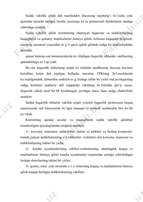ishtirokchilarning topshirig`i bo`yicha vakil bo`la oladilar. shu bilan birga qonun (fpkning 55-moddasi) kimlarning sudda vakil bo`la olmasliklarini ham belgilaydi. bunday shaxslar birinchidan, voyaga yetmagan, ya`ni yoshi o`n sakkizga to`lmagan shaxslar, ayrim hollarda o`zbekistonda qizlarga 16 yoshdan nikohga kirishga ruhsat etilishi munosabati bilan ular o`z farzandlarining manfaatlari yuzasidan sudda vakillik qilishlari mumkin. bu to`g`rida fpkda to`g`ridan-to`g`ri ko`rsatma bo`lmasa ham, lekin ularning bu huquqlari o`zbekiston respublikasi fuqarolik kodeksining 22-moddasining 2-qismi qoidasidan kelib chiqadi. bu qonunda aytilishicha, voyaga yetmasdan avval qonunga muvofiq ravishda nikohga kirgan fuqarolar, nikohga kirishlari vaqtidan e`tiboran to`la hajmda muomalaga layoqatli bo`lib taniladilar; ikkinchidan, vasiy yoki xomiylar nazoratida bo`lgan shaxslar, ya`ni bolalar va ruhiy kasallar; uchinchidan, sudyalar, prokurorlar, tergovchilar surishtiruvchilar, ular qonuniy vakil (ota-onalar, farzandlikka olinganlar, vasiylar, xomiylar) sifatida, shuningdek tegishli sud, prokuratura, surishtiruv va tergov organing tegishli vakili sifatida qatnashgan hollar bundan mustasno ekanligi ko`rsatilgan. vakolat beruvchi bilan vakillik qiluvchi o`rtasidagi munosabatlar fuqarolik, oila, mehnat va ma`muriy huquqiy me`yorlari …