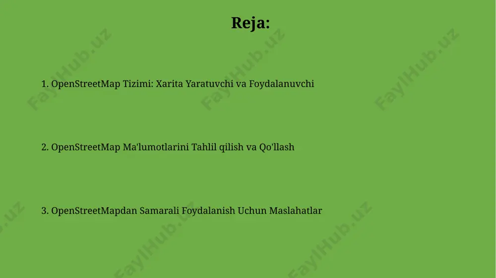 rdan foydalanishingiz mumkin, bu esa xaritaning aniqligi va to'liqligiga ta'sir qiladi. openstreetmapning afzalliklari va kamchiliklari openstreetmap ma'lumotlarining ochiqligi tufayli, 1 millionlab foydalanuvchilar tomonidan tahrirlanishi va takomillashtirilishi natijasida yuqori aniqlikdagi xaritalar yaratish imkoniyati mavjud bo'lib, bu gps navigatsiya tizimlari uchun juda foydali. loyihaning katta hajmi va ko'plab hissa qo'shuvchilarning mavjudligi tufayli ma'lumotlarning bir xilligi va sifat nazorati bilan bog'liq muammolar mavjud, masalan, ba'zi hududlar boshqalarga qaraganda kamroq qamrab olingan bo'lishi mumkin. openstreetmap tizimi nima? openstreetmap bepul, hammaga ochiq manbali xarita ma'lumotlar bazasi bo'lib, 2.7 million dan ortiq faol foydalanuvchilar tomonidan yaratilgan va saqlanadigan 100 dan ortiq mamlakatlarni qamrab oladi. ushbu tizimda foydalanuvchilar gps ma'lumotlari, havo suratlari va boshqa manbalar yordamida yo'llar, binolar, tabiiy ob'ektlar kabi geografik obyektlarni qo'shishi, tahrirlashi va yangilashi mumkin. openstreetmap ma'lumotlarini tahrirlash har bir tahrir geografik koordinatalar bilan bog'liq bo'lib, kamida 5 ta teg (tag) yordamida obyektlarga xususiyatlar beriladi. bu teglar obyektlar haqida batafsil ma'lumotni, masalan, yo'l turi, …