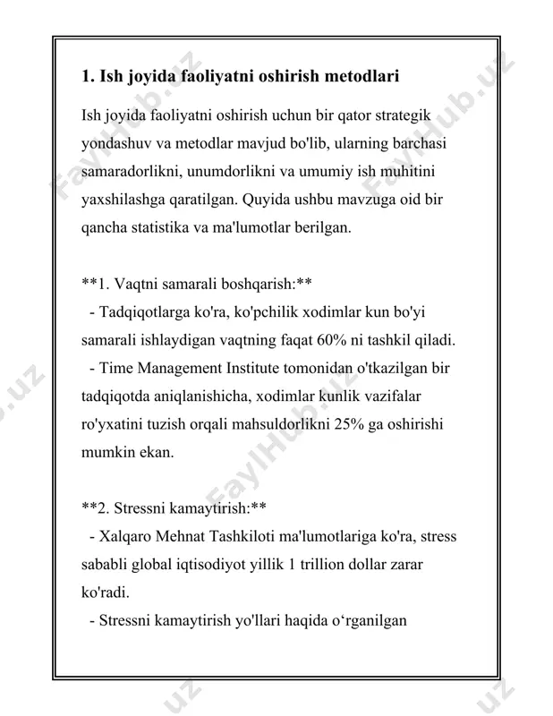 rli yondashuvlarga ega bo'lib, ularda turli omillar va jarayonlar hisobga olinadi. 1. maslovning ehtiyojlar iyerarxiya nazariyasi: abraham maslov o'zining ehtiyojlar iyerarxiyasi nazariyasida inson ehtiyojlarini besh darajaga bo'lib o'rganadi. unga ko'ra, asosiy fiziologik ehtiyojlar (ovqat, suv, boshpana) qondirilganidan keyin xavfsizlik ehtiyojlari keladi. shundan so'ng, ijtimoiy ehtiyojlar (do'stlik, oilaviy munosabatlar), keyin esa hurmat ehtiyojlari (o'zligini tasdiqlash, hurmat qozonish) mavjud. eng yuqori darajada esa o'z-o'zini aktualizatsiya qilish ehtiyoji turadi. 1970-yillarga kelib, maslov o'z nazariyasini o'zgartirib, yuqoriga yana bir daraja qo'shgan: transsendentlik ehtiyoji. 2. gertsbergning ikki faktorli nazariyasi: frederik gertsberg motivatsiyani ikki asosiy faktor orqali tushuntiradi: motivatsion faktorlar va gigienik faktorlar. motivatsion faktorlar shaxsiy qoniqishni oshiradigan omillar bo'lsa, gigienik faktorlar ish joyidan norozi bo'lishni kamaytiradigan omillardir. masalan, ijodiy vazifalar motivatsion faktor bo'lishi mumkin, lekin maosh to'g'ri bo'lishi kerak, bu gigienik faktor. 3. vrumning umid nazariyasi: viktor vroom umid nazariyasida odamlar turli harakatlar va natijalar o'rtasidagi kutilgan bog'liqlikka qarab harakat qilishini aytadi. unga ko'ra, odamlar …