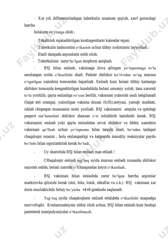 umumiy xolati, tana xarorati to‘la yoritilib, qayta emlashga ro‘xsat berilib, vaksinani yuborish usuli belgilanadi (faqat teri orasiga), yuborilgan vaksina dozasi (0,05),seriyasi, yaroqli muddati, ishlab chiqargan muassasini nomi yoziladi. bsj vaksinasini ampula va qutidagi pasport ma’lumotlari shifokor shaxsan o‘zi solishtirib tanishishi kerak. bsj vaksinasini emlash yoki qayta emlashdan avval shifokor va tibbiy xamshira vaksinani qo‘llash uchun yo‘riqnoma bilan tanishi shart, bo‘ndan tashqari chaqaloqni onasini , bola emlanganligi va kelgusida maxalliy reaksiyalar paydo bo‘lishi bilan ogoxlantirish kerak bo‘ladi. - uy sharoitida bsj bilan emlash man etiladi ! - chaqaloqni emlash tug‘ruq uyida maxsus emlash xonasida shifokor nazorati ostida, bolani xarorati o‘lchangandan keyin o‘tkaziladi.. - bsj vaksinasi bilan emlashda zarur bo‘lgan barcha anjomlar markirovka qilinishi kerak (stol, biks, lotok, shkaflar va x.k.). bsj vaksinasi xar doim muzlatkichda selsiy bo‘yicha +4+8 gradusda saqlanadi. - tug‘ruq uyida chaqaloqlarni emlash ertalabda o‘tkazilishi maqsadga muvvofiqdir. kontaminatsiyani oldini olish uchun, bsj bilan emlash kuni boshqa parenteral manipulyasiyalar o‘tkazilmaydi. …