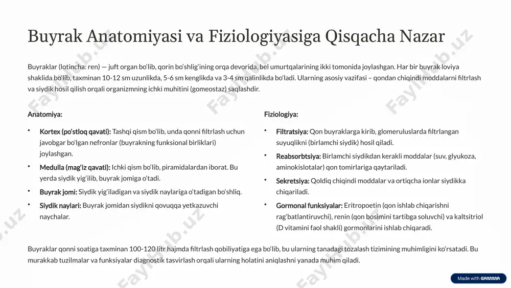 rast toshlar) aniqlashda samarali. ba’zan buyrakning umumiy hajmi va shakli haqida dastlabki ma’lumot berishi mumkin. cheklovlari: rentgenkontrast bo‘lmagan toshlarni (masalan, siydik kislotasi toshlari) ko‘ra olmaydi. yumshoq to‘qimalarning detallari yomon ko‘rinadi. boshqa qorin bo‘shlig‘i organlari (ichak gazlari, suyaklar) tufayli tasvir aniqligi pasayishi mumkin. eksskretor urografiya (ivp — intravenous pyelogram) tavsifi: venaga yuborilgan kontrast moddaning buyraklar orqali filtrlanishi va siydik yo‘llari bo‘ylab chiqarilishini kuzatishga asoslangan rentgenologik tekshiruv. bir qator suratlar olinadi. imkoniyatlari: siydik yo‘llarining anatomik tuzilishini, ularning o‘tkazuvchanligini, to‘siqlarni (toshlar, o‘smalar), gidronefrozni va buyrakning funksional holatini baholashda yordam beradi. cheklovlari: kontrast moddaga allergik reaksiyalar xavfi. buyrak yetishmovchiligi bo‘lgan bemorlarga tavsiya etilmaydi (kontrast modda buyraklarga qo‘shimcha yuk beradi). rentgen nurlanishi mavjud. detalli yumshoq to‘qimalar tasvirini bermaydi. ushbu an'anaviy usullar dastlabki diagnostika va ayrim hollarda hali ham foydalidir, ammo ular yuqori aniqlikdagi tasvirlarni taqdim eta olmaydi va yumshoq to‘qimalarning patologiyalarini aniqlashda cheklangan imkoniyatlarga ega. shu sababli, zamonaviy tibbiyotda ularning o‘rnini ko‘proq yuqori texnologiyali va …