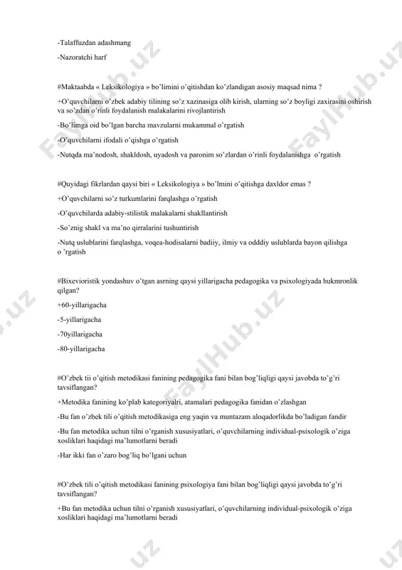 ni beradi -har ikki fan o’zaro bog’liq bo’lgani uchun #o’zbek tili o’qitish metodikasi fanining psixologiya fani bilan bog’liqligi qaysi javobda to’g’ri tavsiflangan? +bu fan metodika uchun tilni o’rganish xususiyatlari, o’quvchilarning individual-psixologik o’ziga xosliklari haqidagi ma’lumotlarni beradi -metodika fanining ko’plab kategoriyalri, atamalari pedagogika fanidan o’zlashgan -bu fan o’zbek tili o’qitish metodikasiga eng yaqin va muntazam aloqadorlikda bo’ladigan fandir -metodika fanining ko’plab kategoriyalri, atamalari psixologiya fanidan o’zlashgan #lingvistik mashqdan ko’zlanadigan to’g’ri maqsadga qaysi qatorda to’g’ri ta’rif berilgan ? +lingvistik mashqdan ko’zlanadigan to’g’ri maqsadga qaysi qatorda to’g’ri ta’rif berilgan ? -o’quvchilarda yaxshi o’qish malakasini rivojlantirish , analitik – sintetik faoliyatni oshirish -u yoki bu o’quv topshirig’i asosida mashq o’tkazishni ko’zlab ajratilgan maqsad -mashqlarning ta’lim jarayoniga mosligi #lingvistik mashqdan ko’zlanadigan umumiy maqsadga qaysi qatorda to’g’ri ta’rif berilgan ? +mashqlarning ta’lim jarayoniga mosligi -mashq qilish yo’li bilan erishiladigan natija -u yoki bu o’quv topshirig’i asosida mashq o’tkazishni ko’zlab ajratilgan maqsad -o’quvchilarda yaxshi o’qish malakasini rivojlantirish …